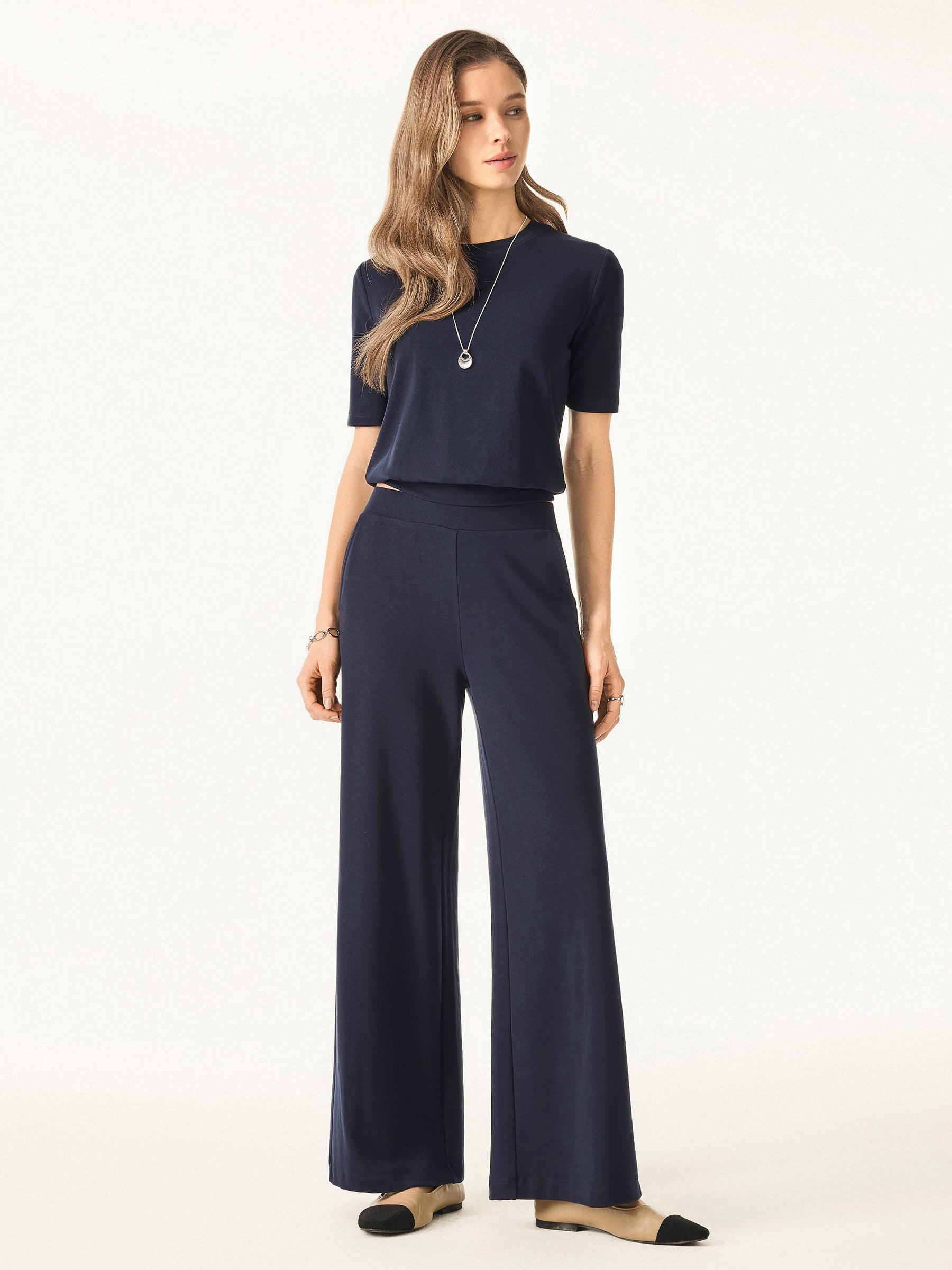 Lyocell Wool Mid Rise Wide Leg Pull-on Pant with Pockets