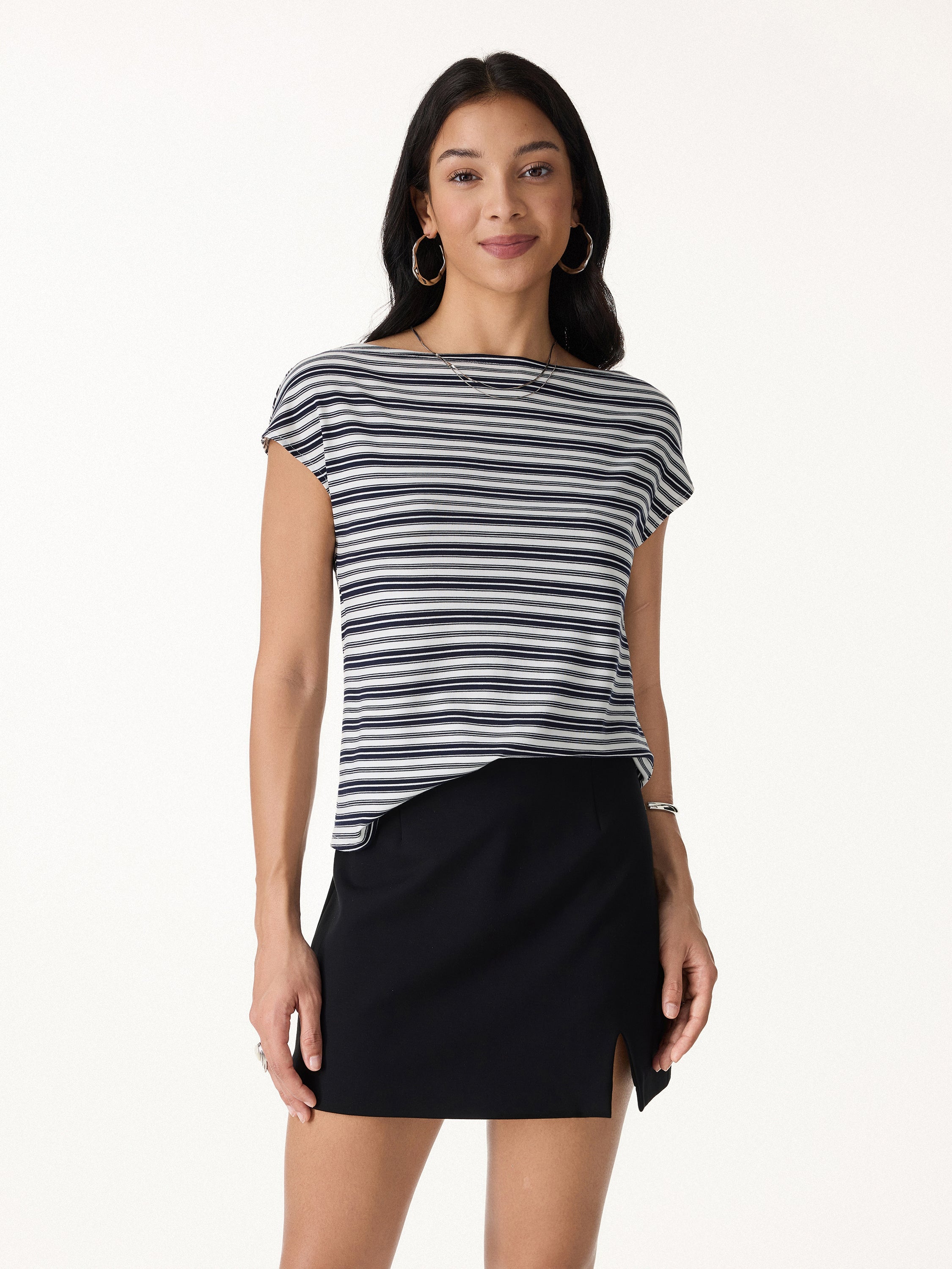 Striped Slash Neck Cap Sleeve Relaxed Top
