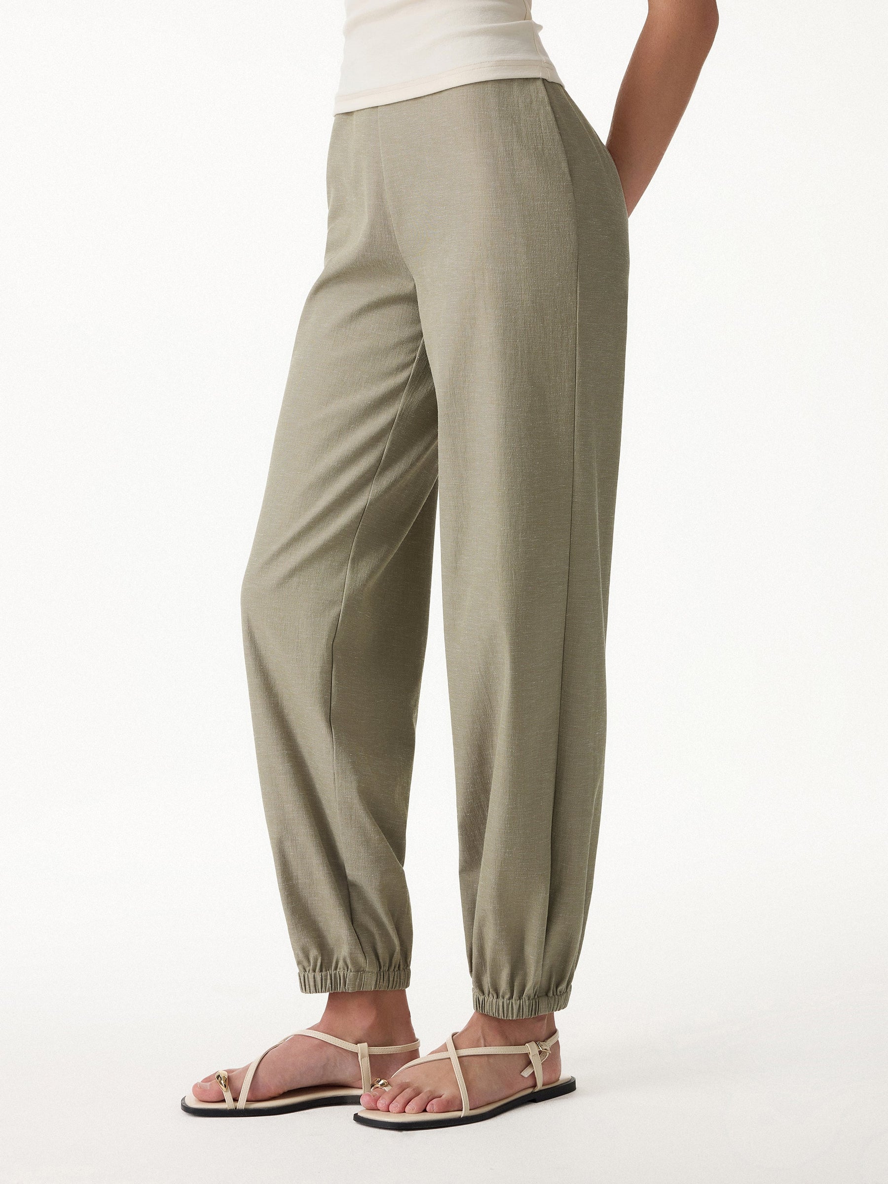 Linen-like High-Rise Balloon Jogger Pants with Pockets