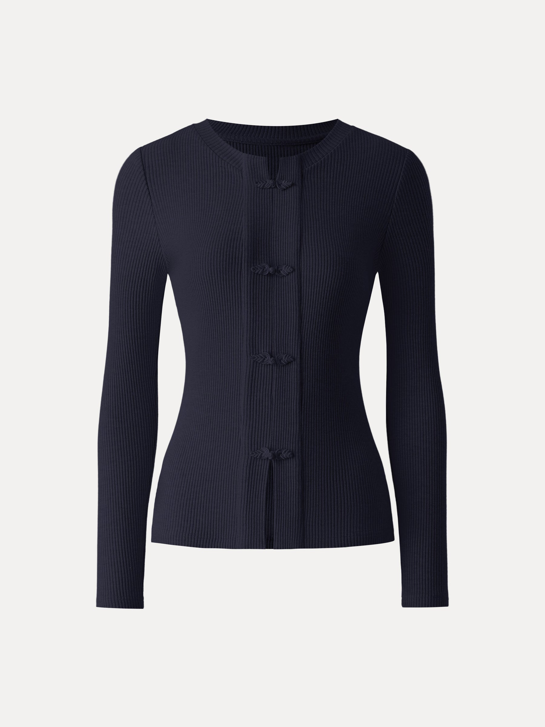 Ribbed Frog Button Round Neck Long Sleeve Top Limited Edition