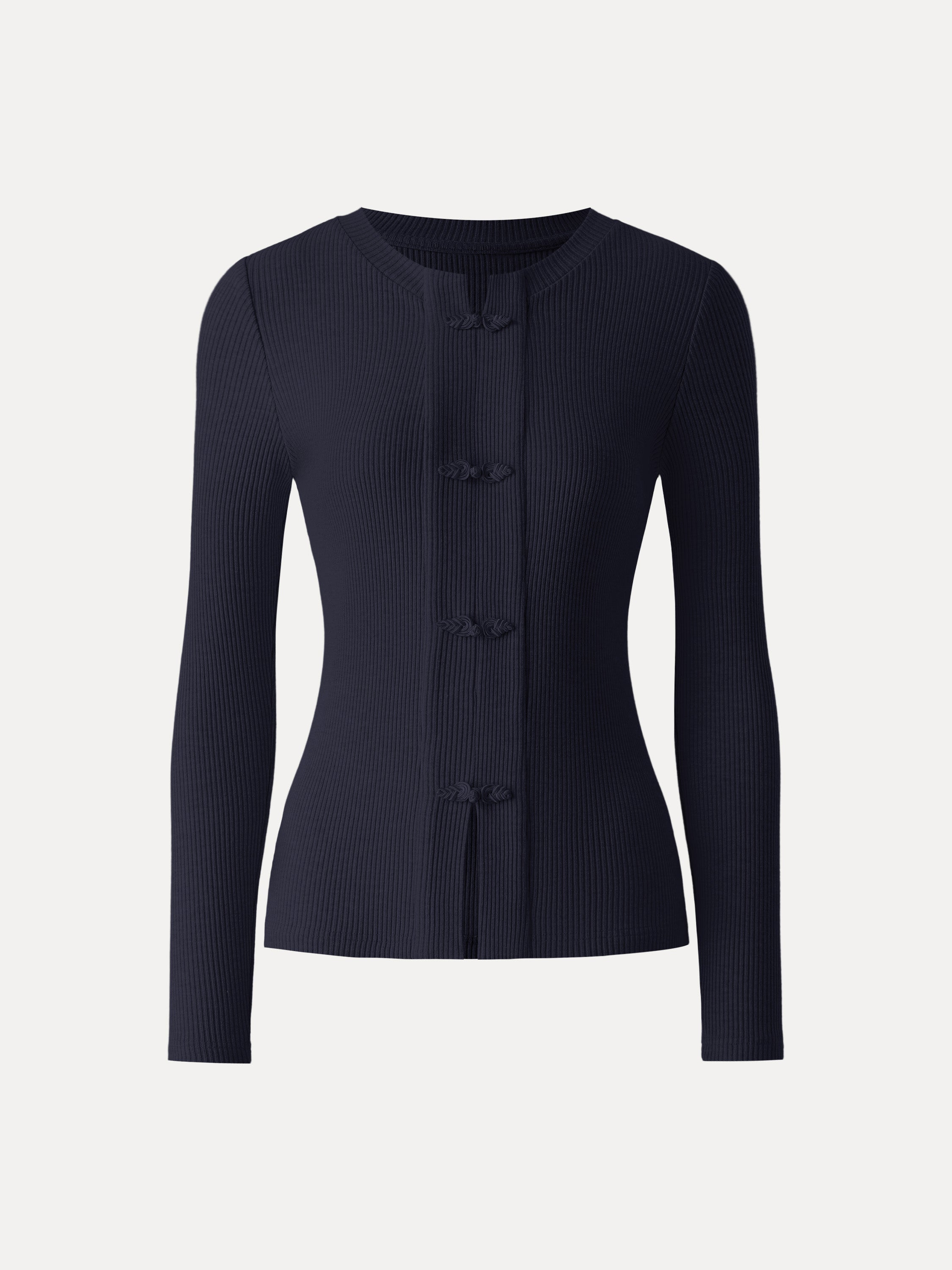 Ribbed Frog Button Round Neck Long Sleeve Top Limited Edition