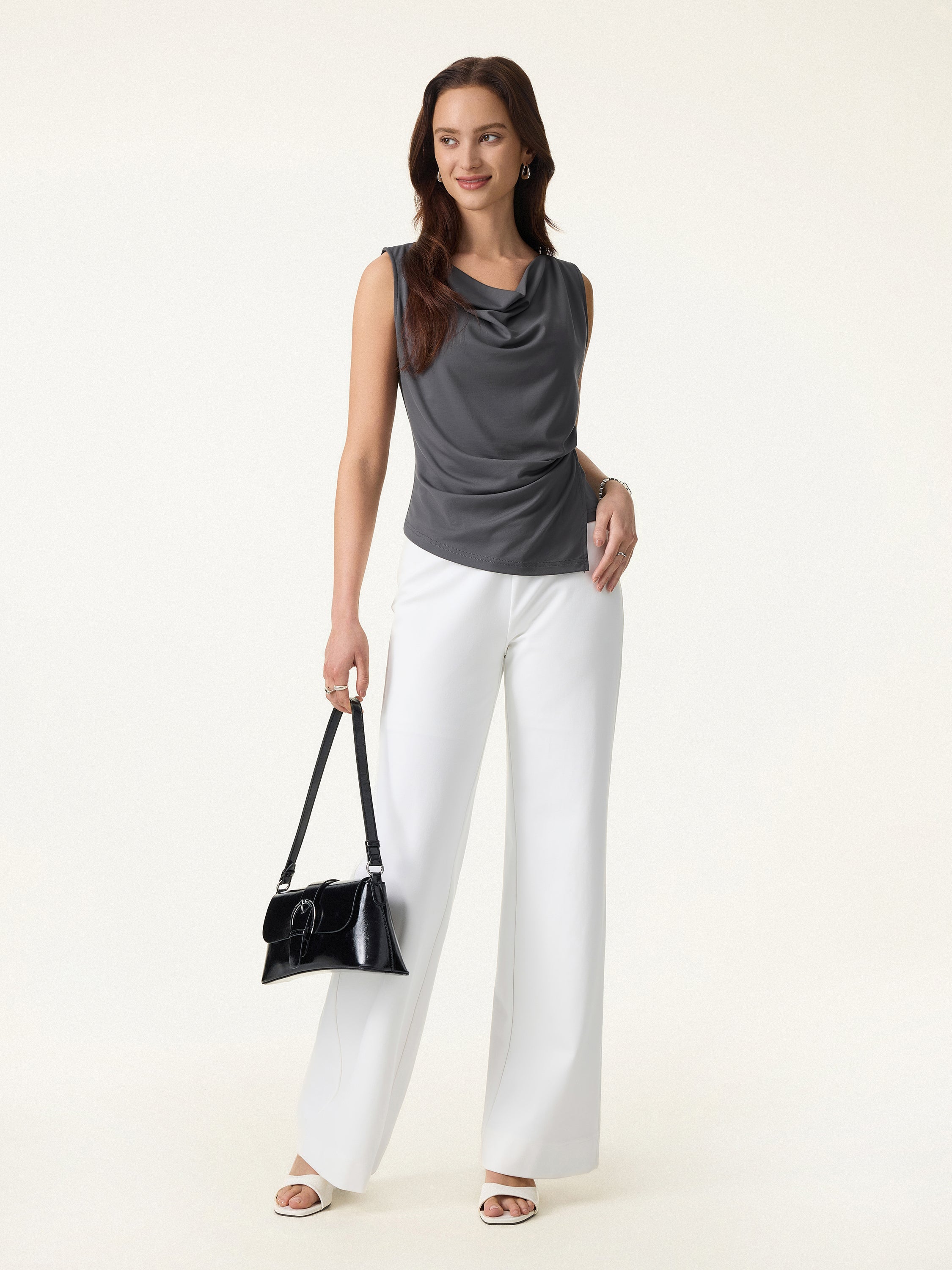 Cowl Neck Asymmetrical Tucked Sleeveless Top