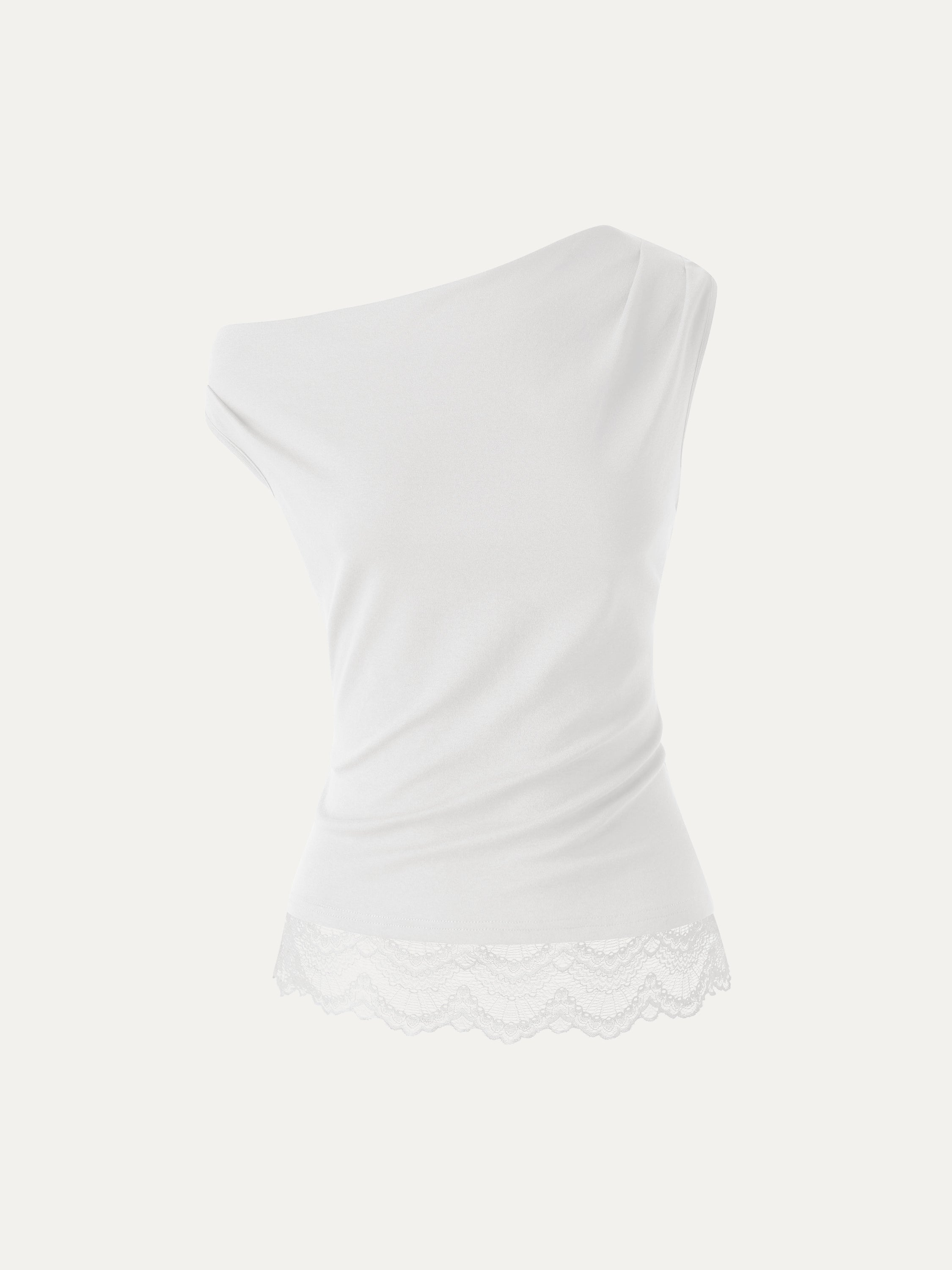 Lace Trim Cotton Lyocell Asymmetrical Shoulder Top