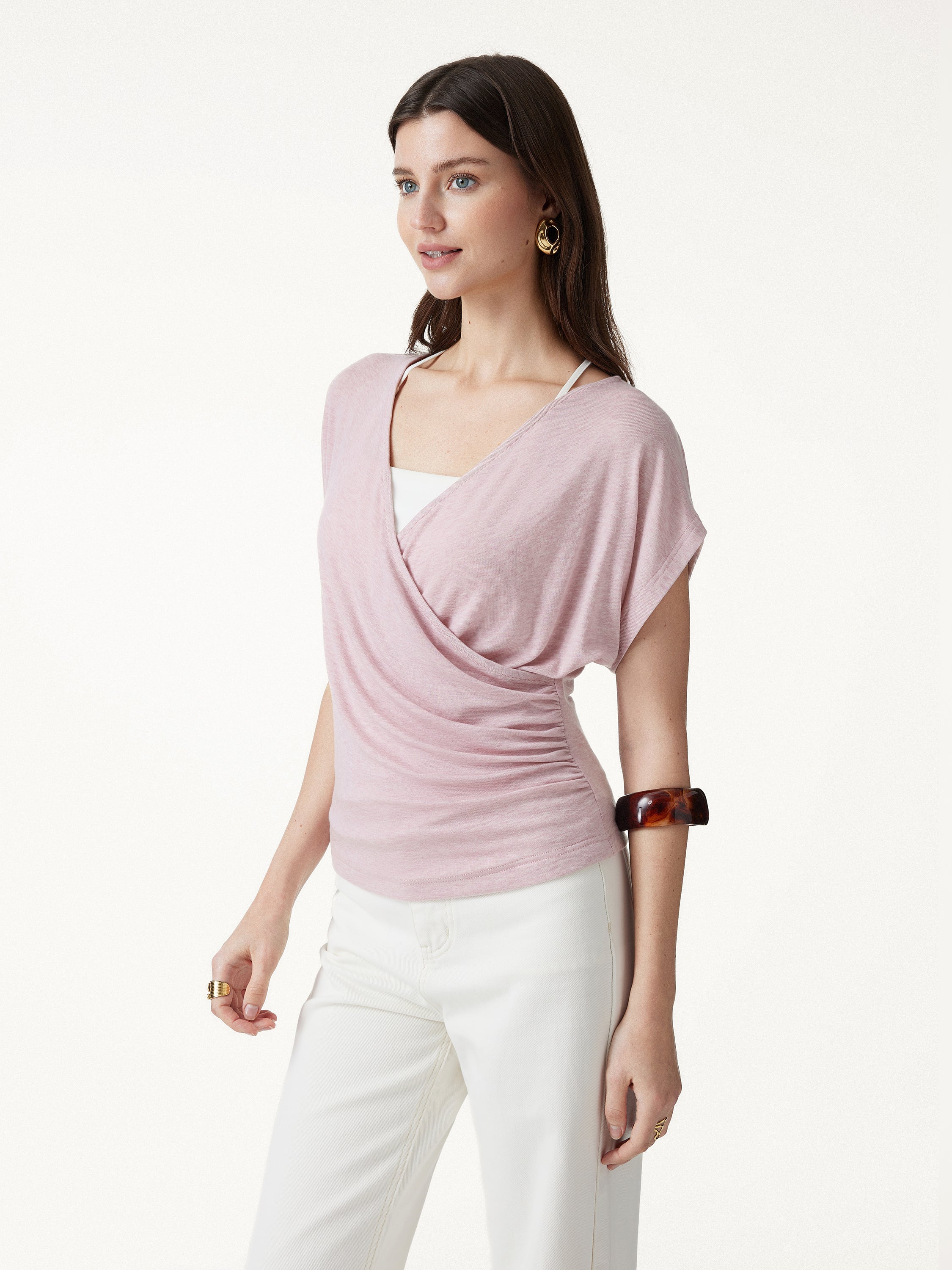 Summer Lyocell Wool Suprlice Ruched Short Sleeve Top
