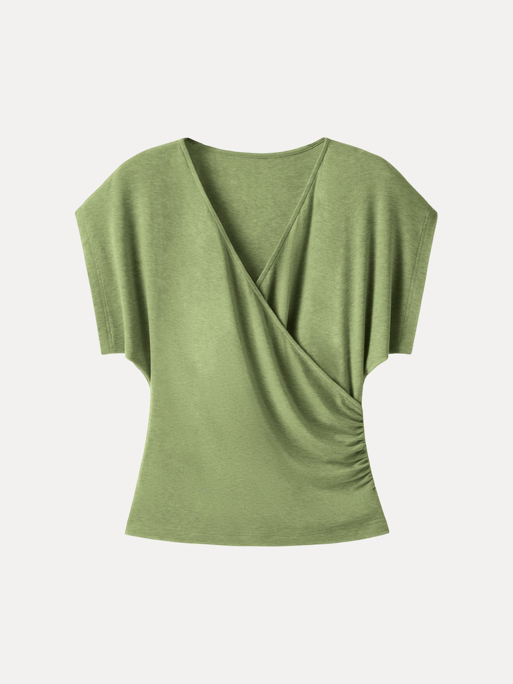 Summer Lyocell Wool Suprlice Ruched Short Sleeve Top