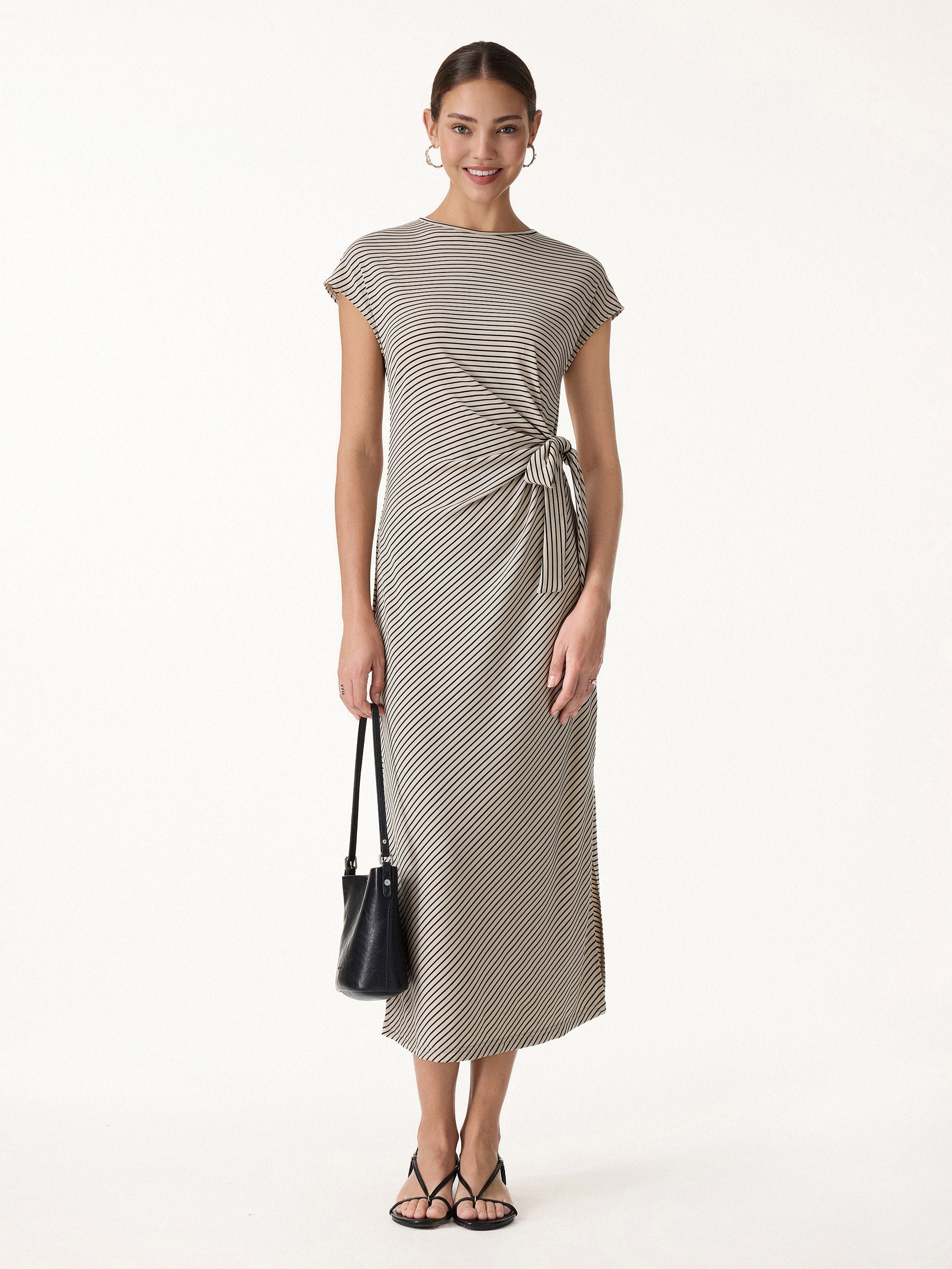 Striped Relaxed Midi Dress with Self-Tie