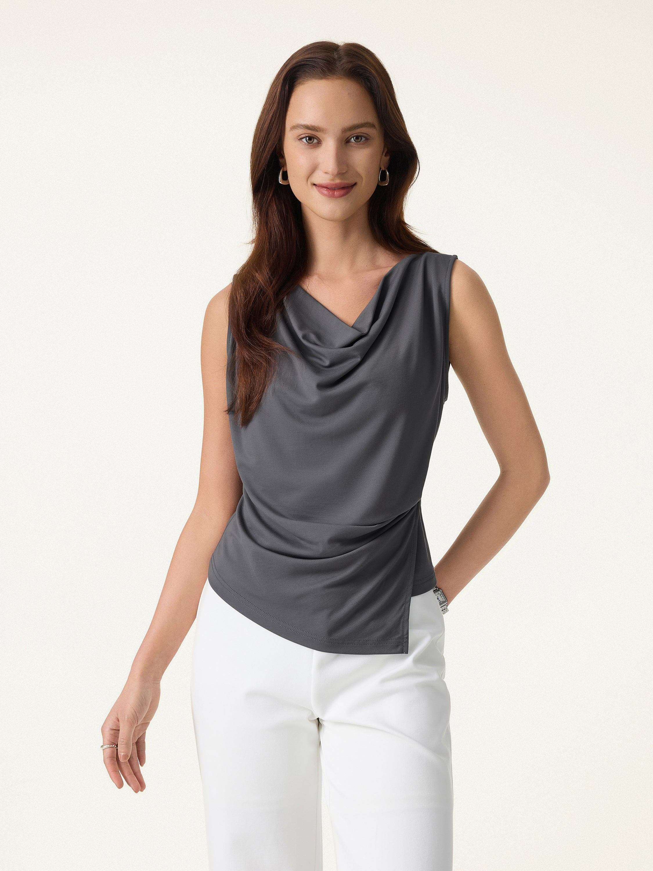 Cowl Neck Asymmetrical Tucked Sleeveless Top
