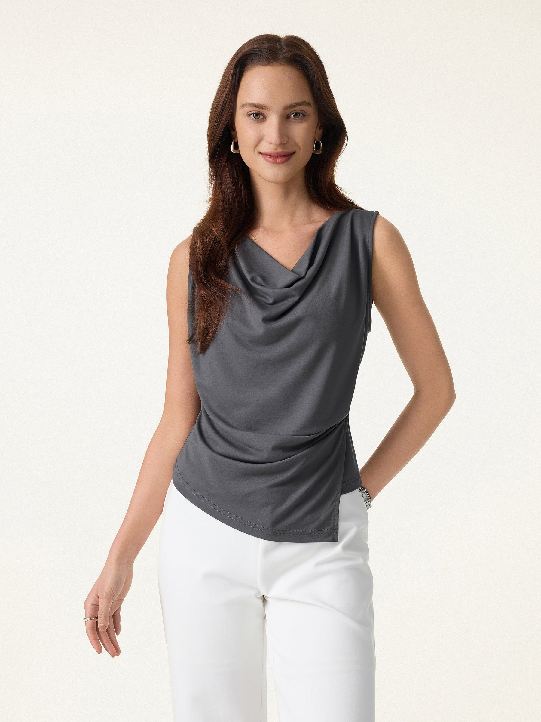Cowl Neck Asymmetrical Tucked Sleeveless Top
