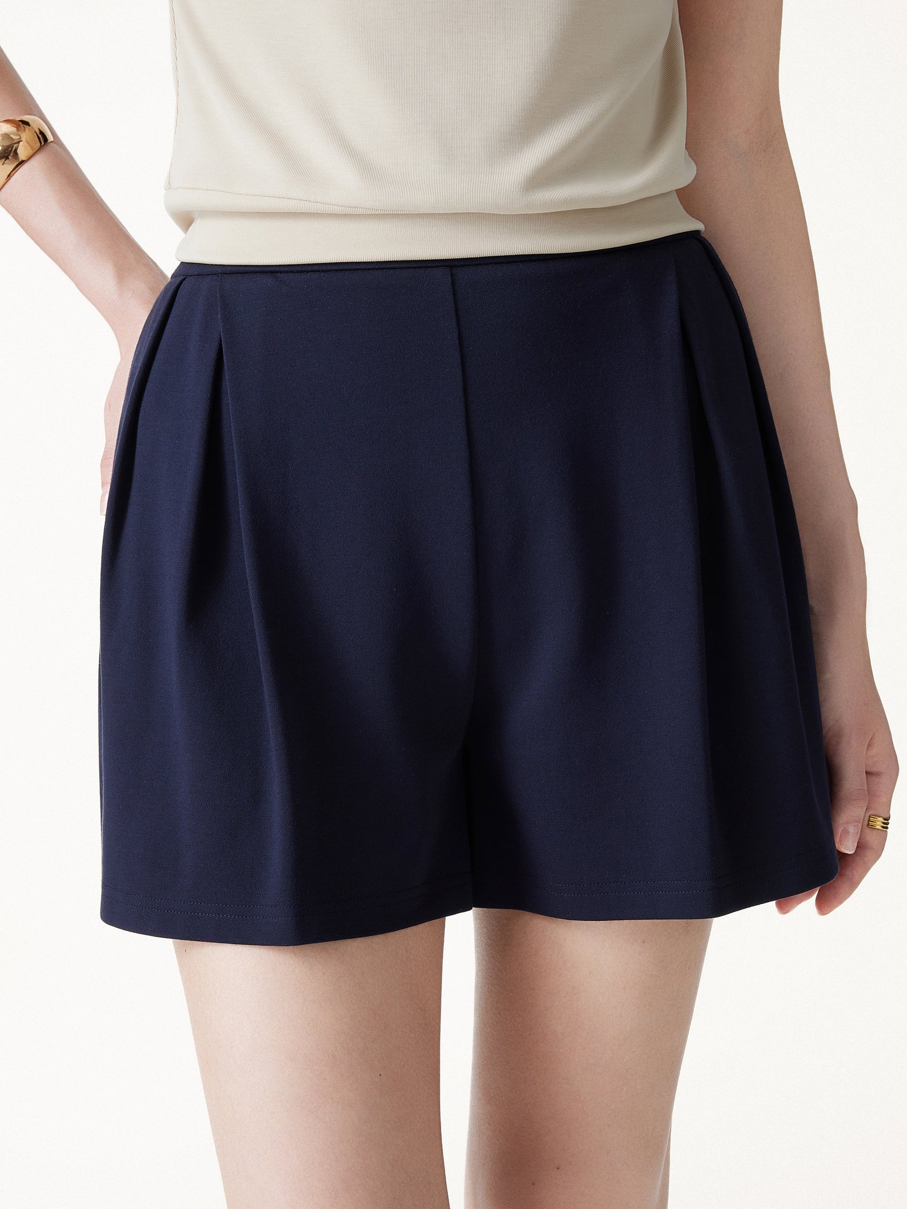 Stretch Ponte Pleated Wide Leg Shorts