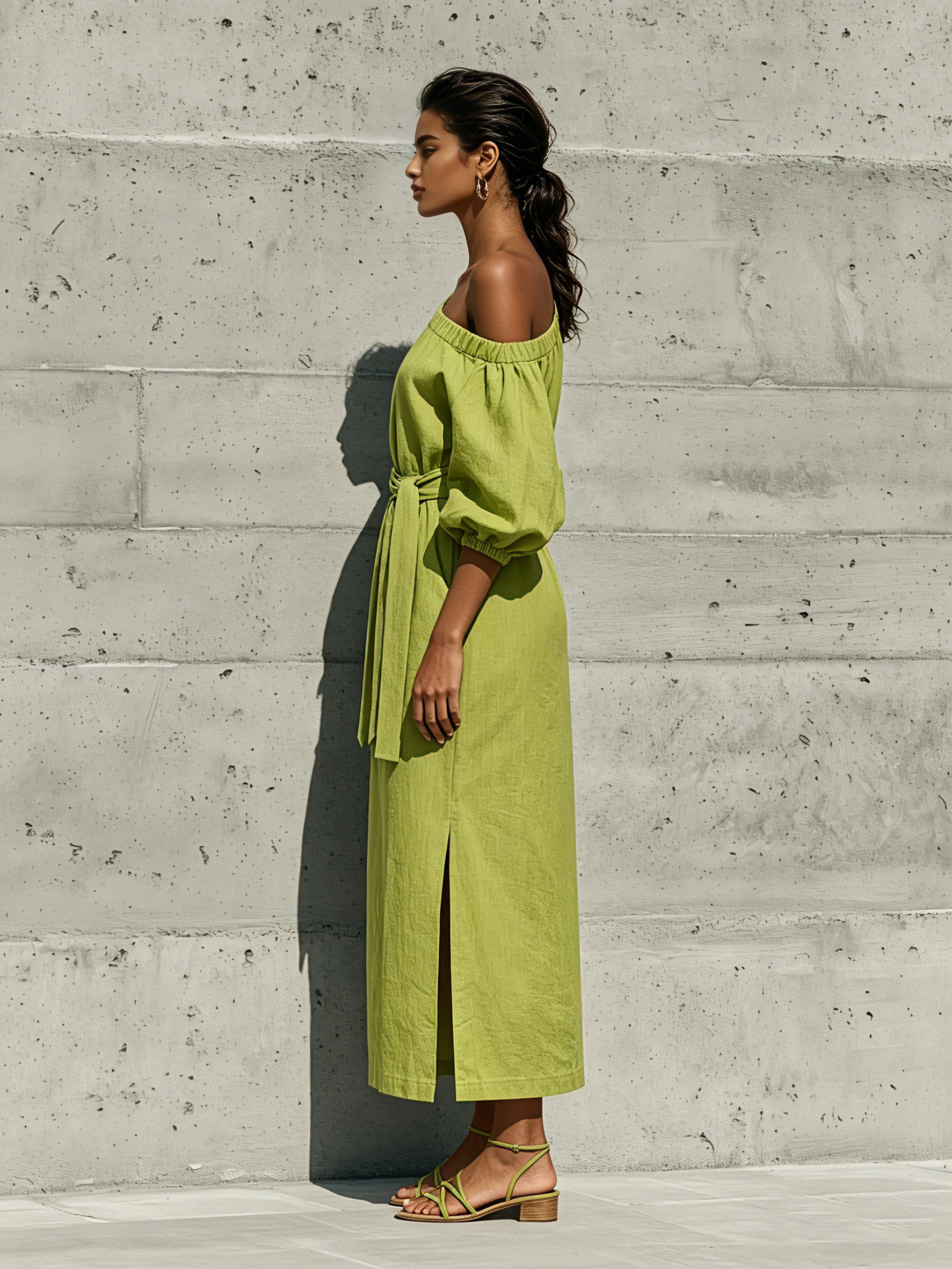 Women’s Lime Green Linen-Blend Off-The-Shoulder Puff Sleeve Tie Waist Midi Dress With Side Slit MDZ1150F0T