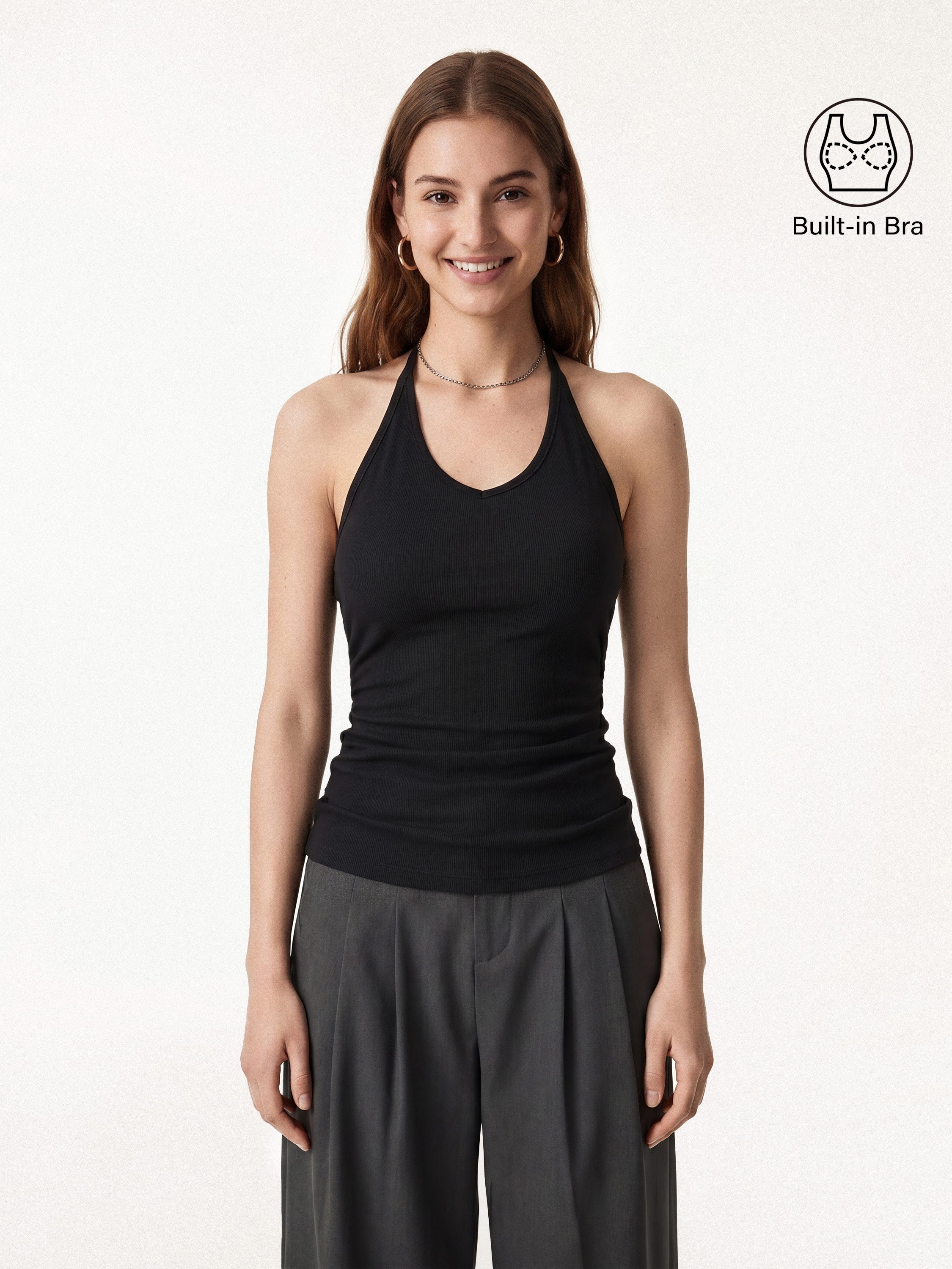 Modal Halter Neck Open Back Ruched Bra Top