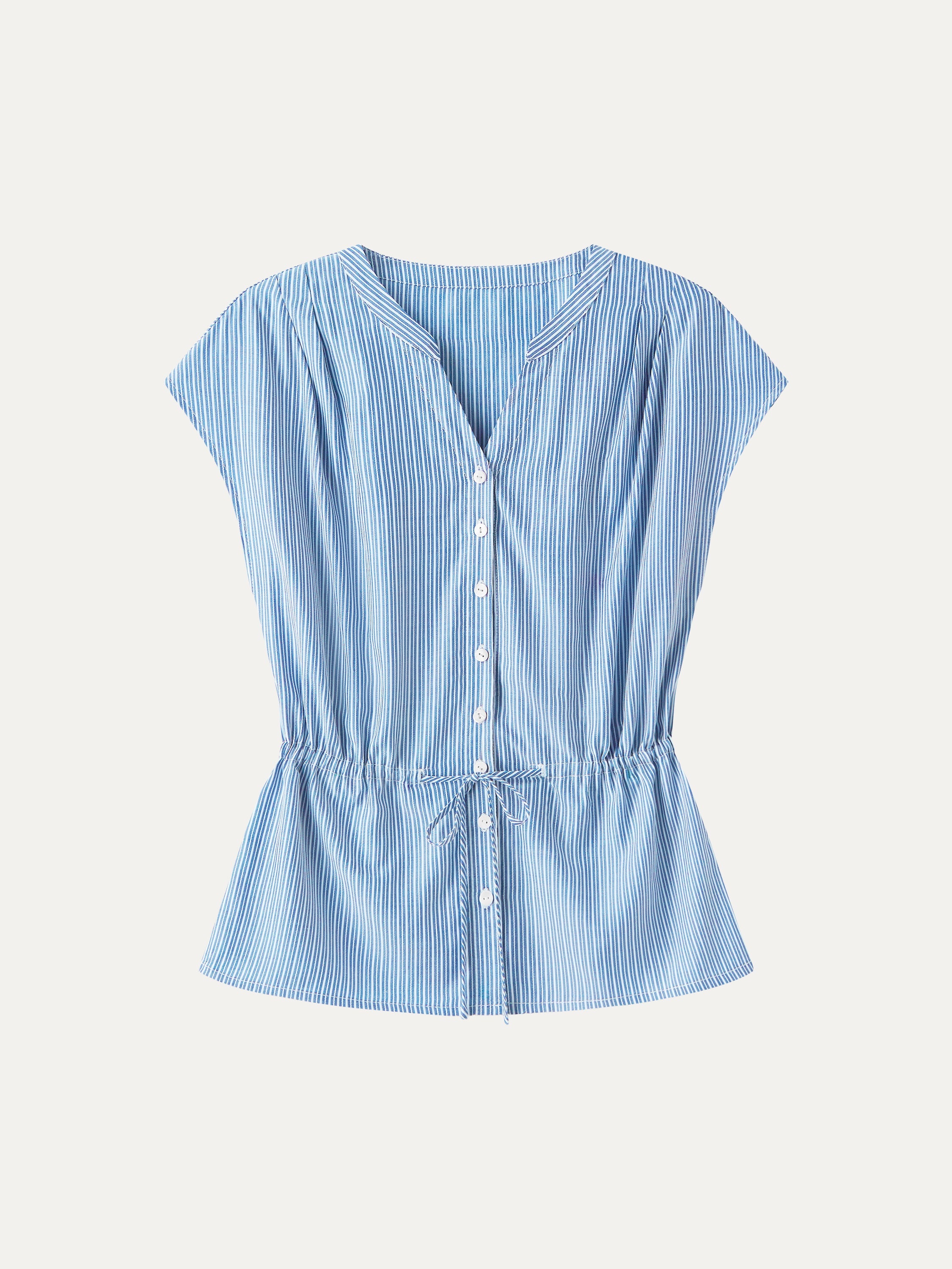 Notched V-Neck Drawstring Waist Poplin Shirt