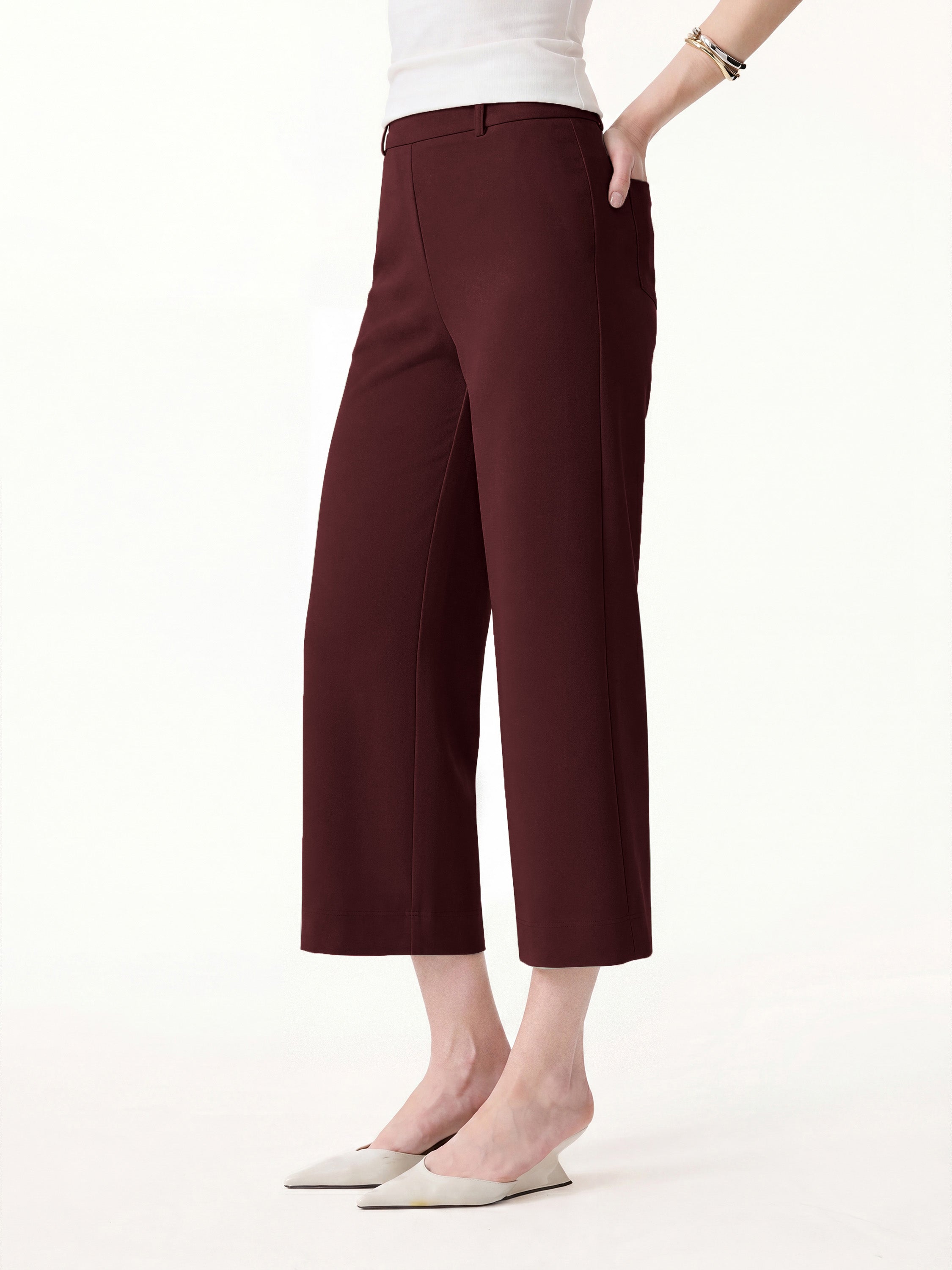 Not-See-Thru Mid Rise Cropped Wide Leg Pants with Pockets