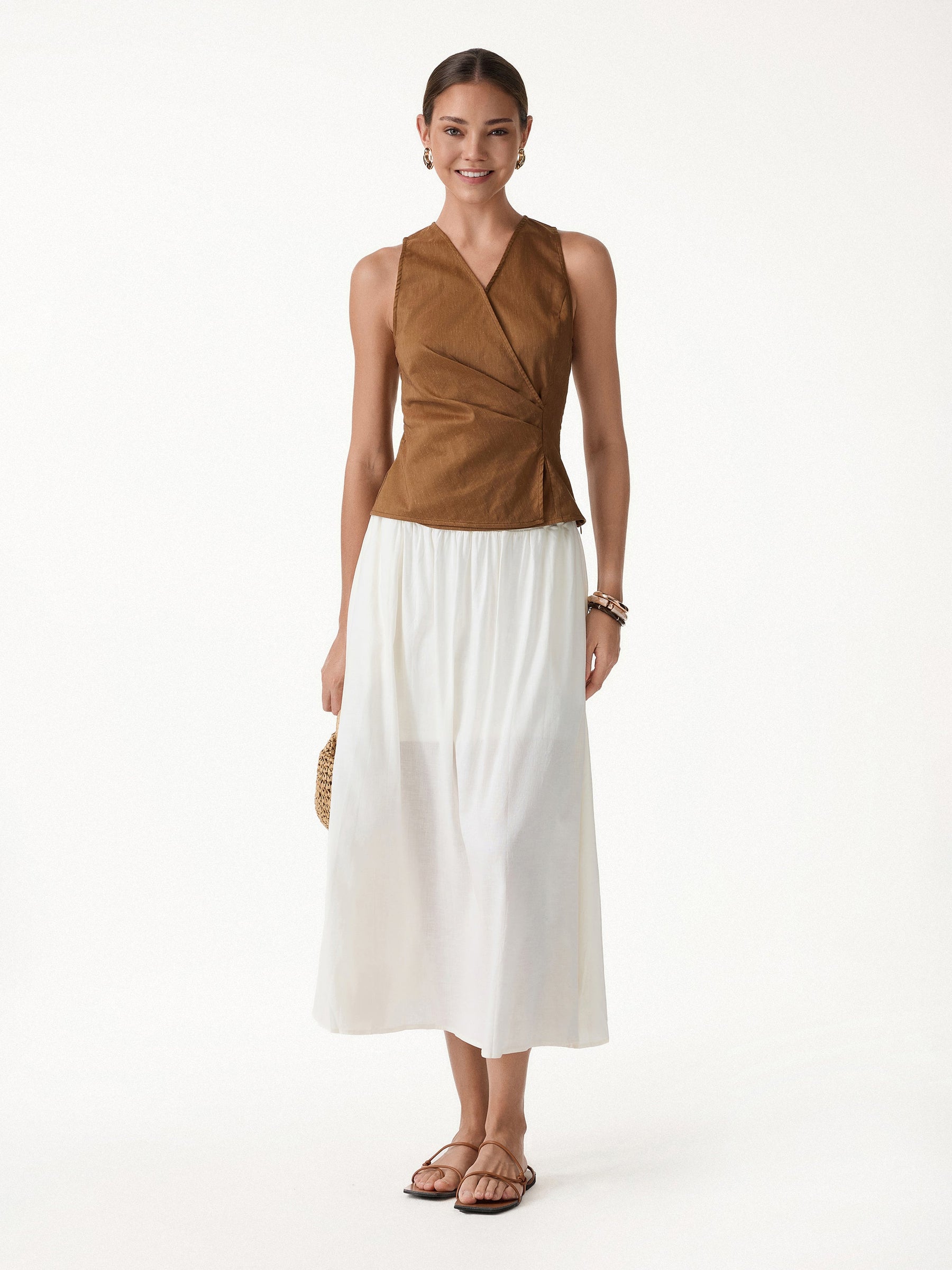 Linen Blend Surplice Top with Side Twist