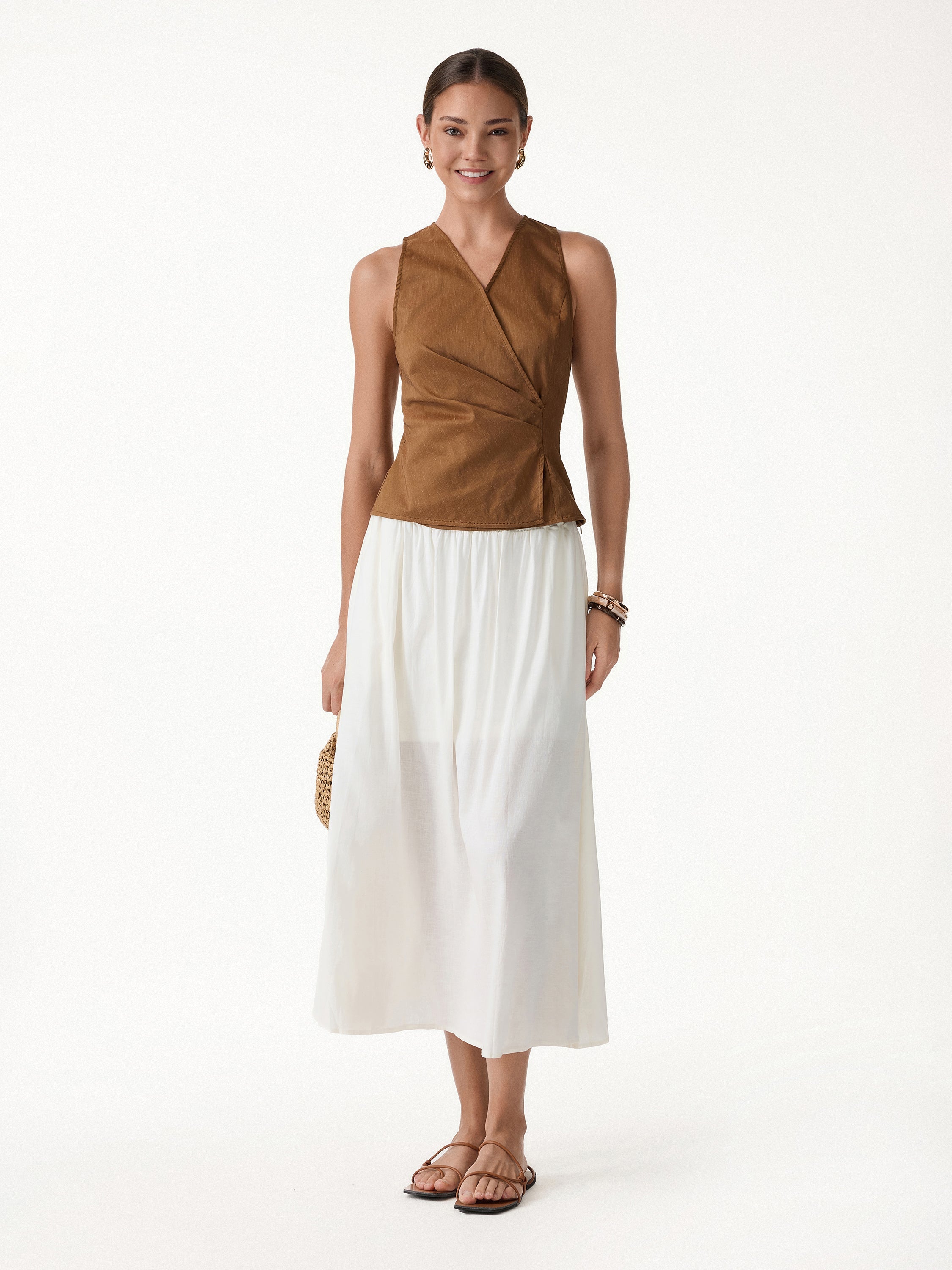 Linen Blend Surplice Top with Side Twist