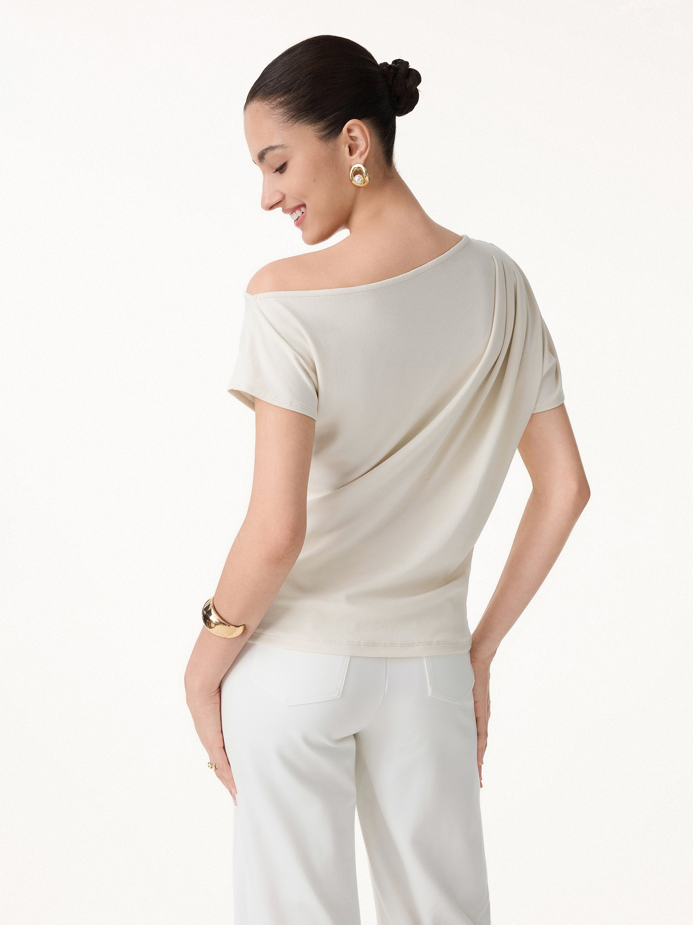 Cotton-Lyocell Effortless Asymmetrical Tucked Tee
