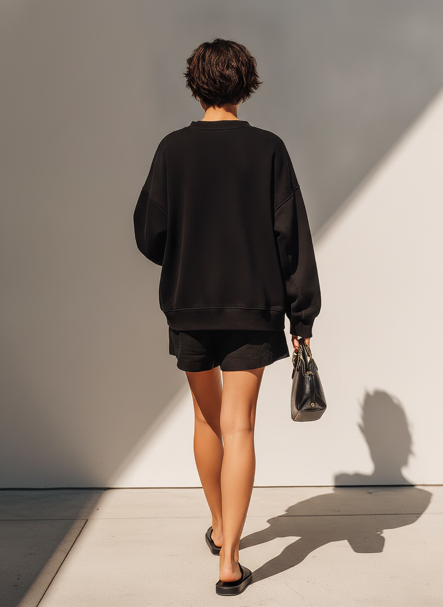 Women's Solid Black Cotton Fabric Co-Ord With Long Sleeve Loose Sweat Top & Relaxed Fit Casual Shorts, Modern Effortless-Chic Daily Athleisure Outfit MDZ2630F7LYL