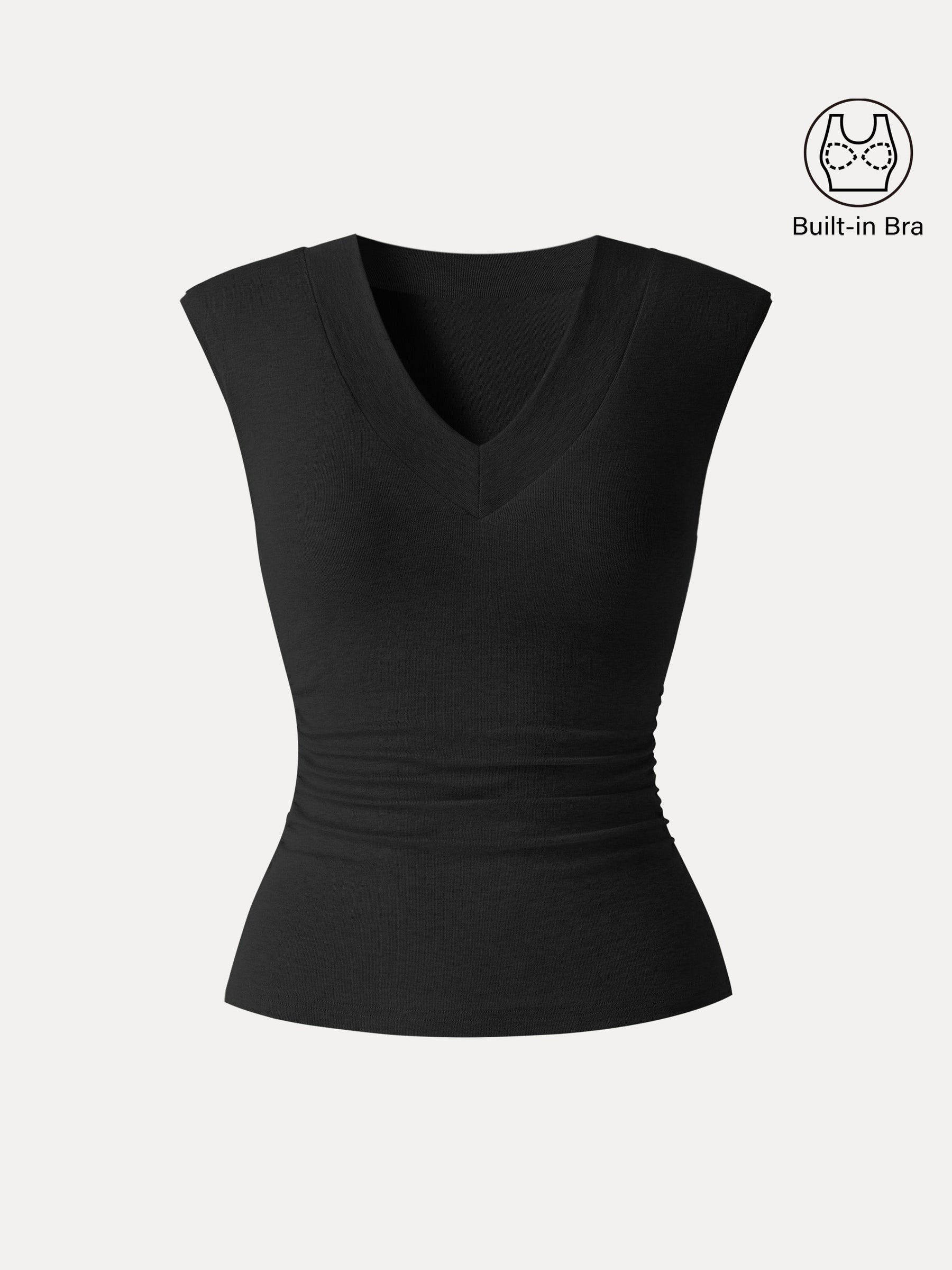 Sweat-Wicking V-Neck Wide Shoulder Ruched Bra Top