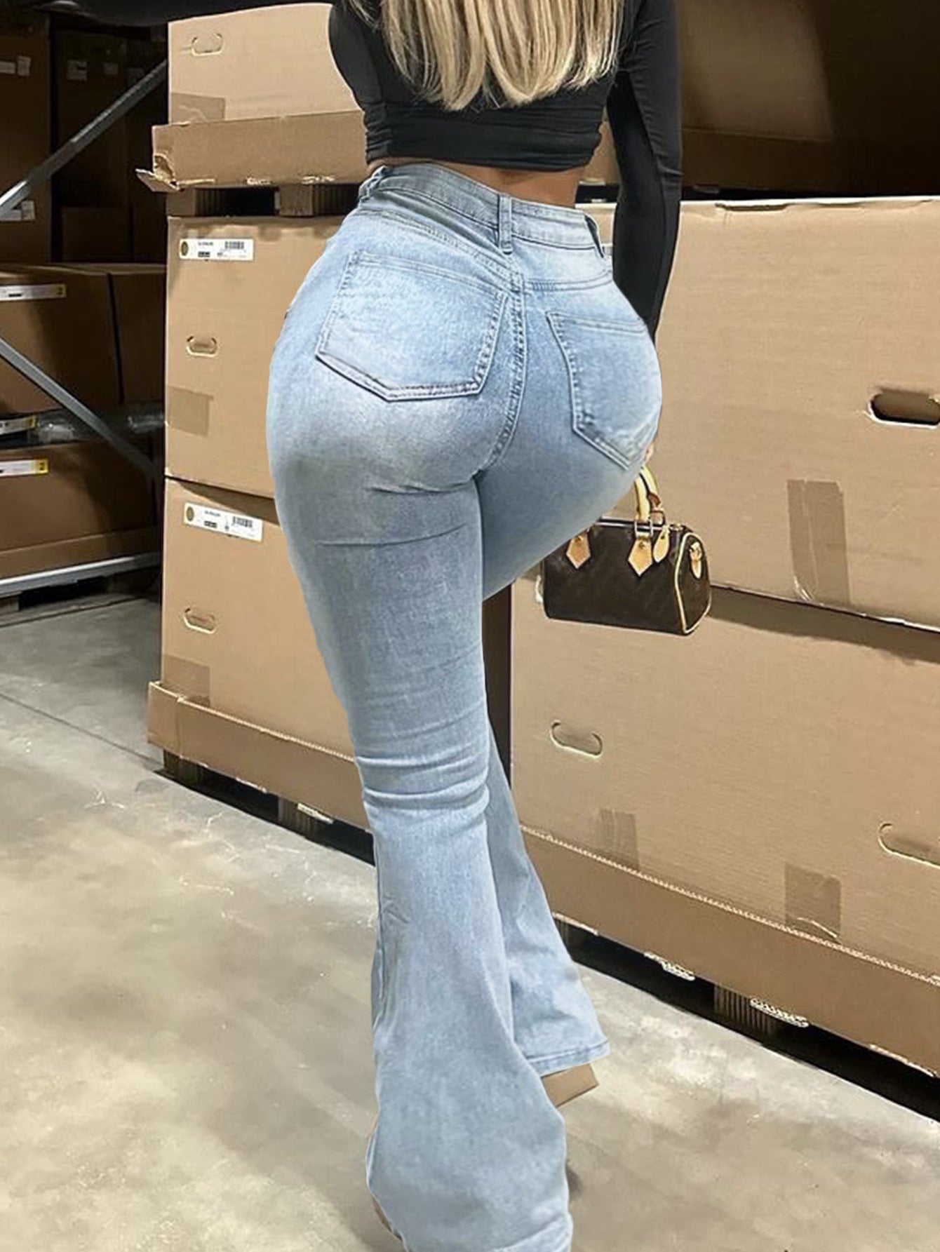 Street-style Solid-color Zip Flare High-waist Slim-fit Denim Jeans