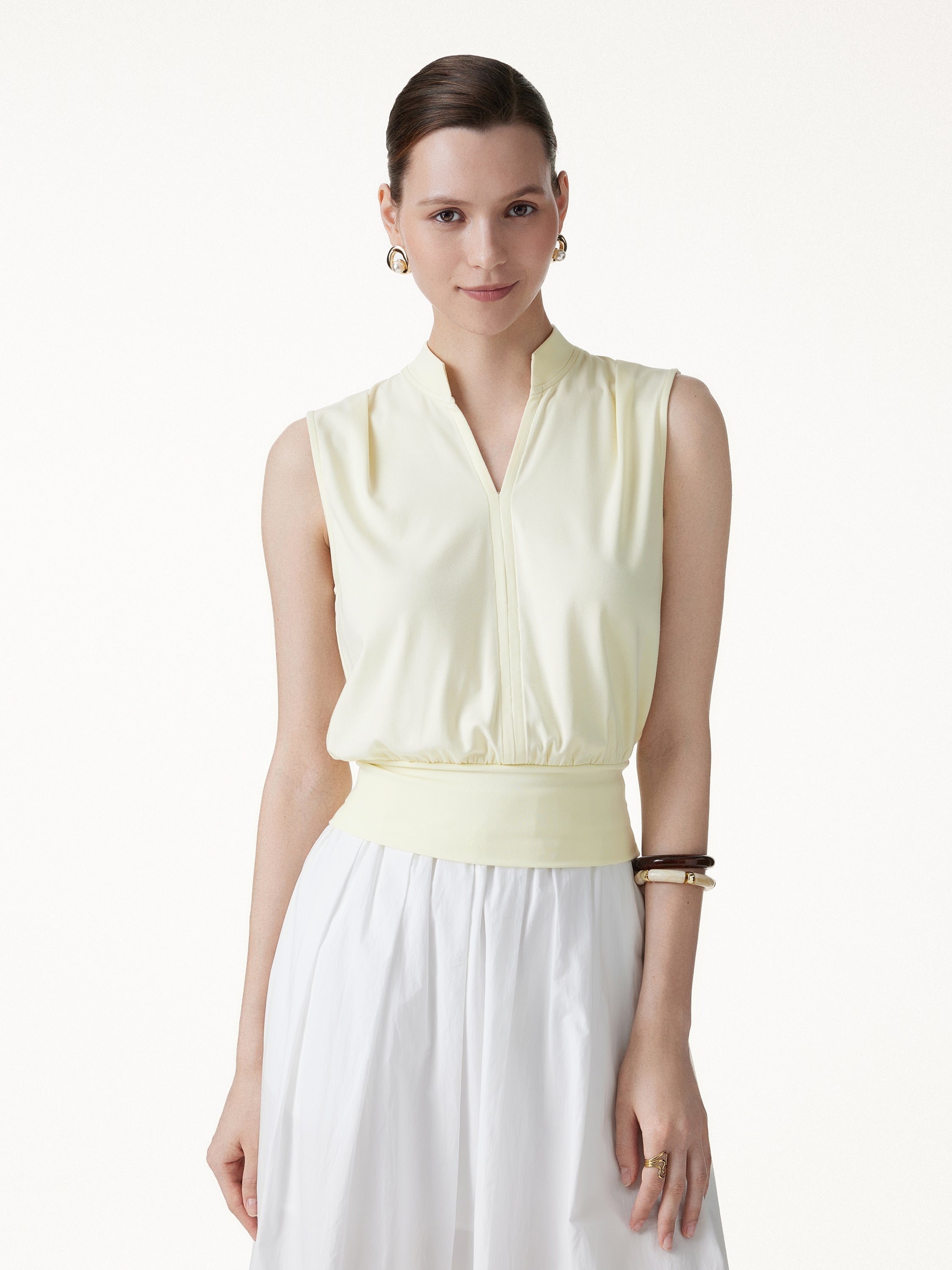 Cotton-Viscose V-neck Stand Collar Sleeveless Top