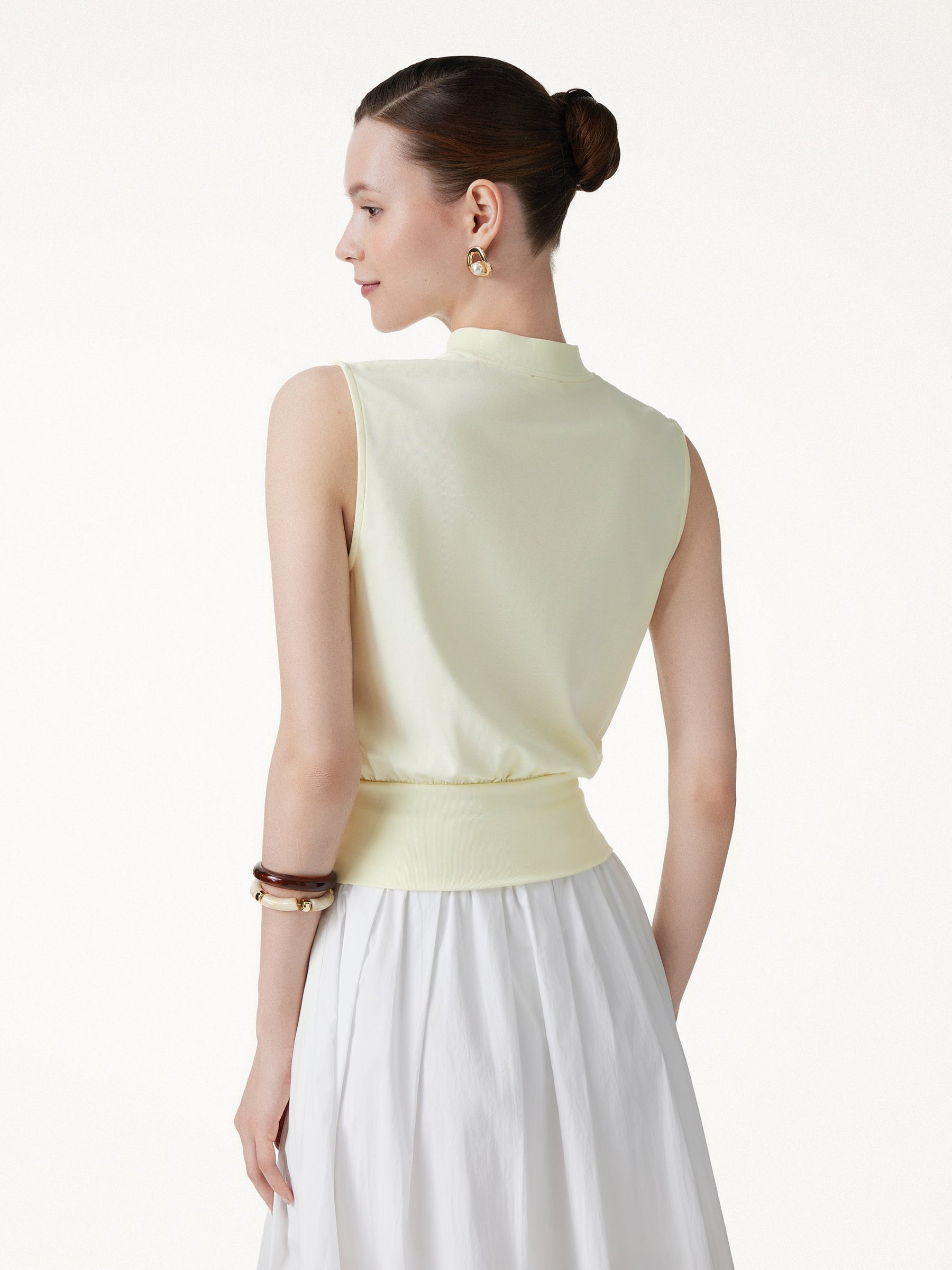 Cotton-Viscose V-neck Stand Collar Sleeveless Top
