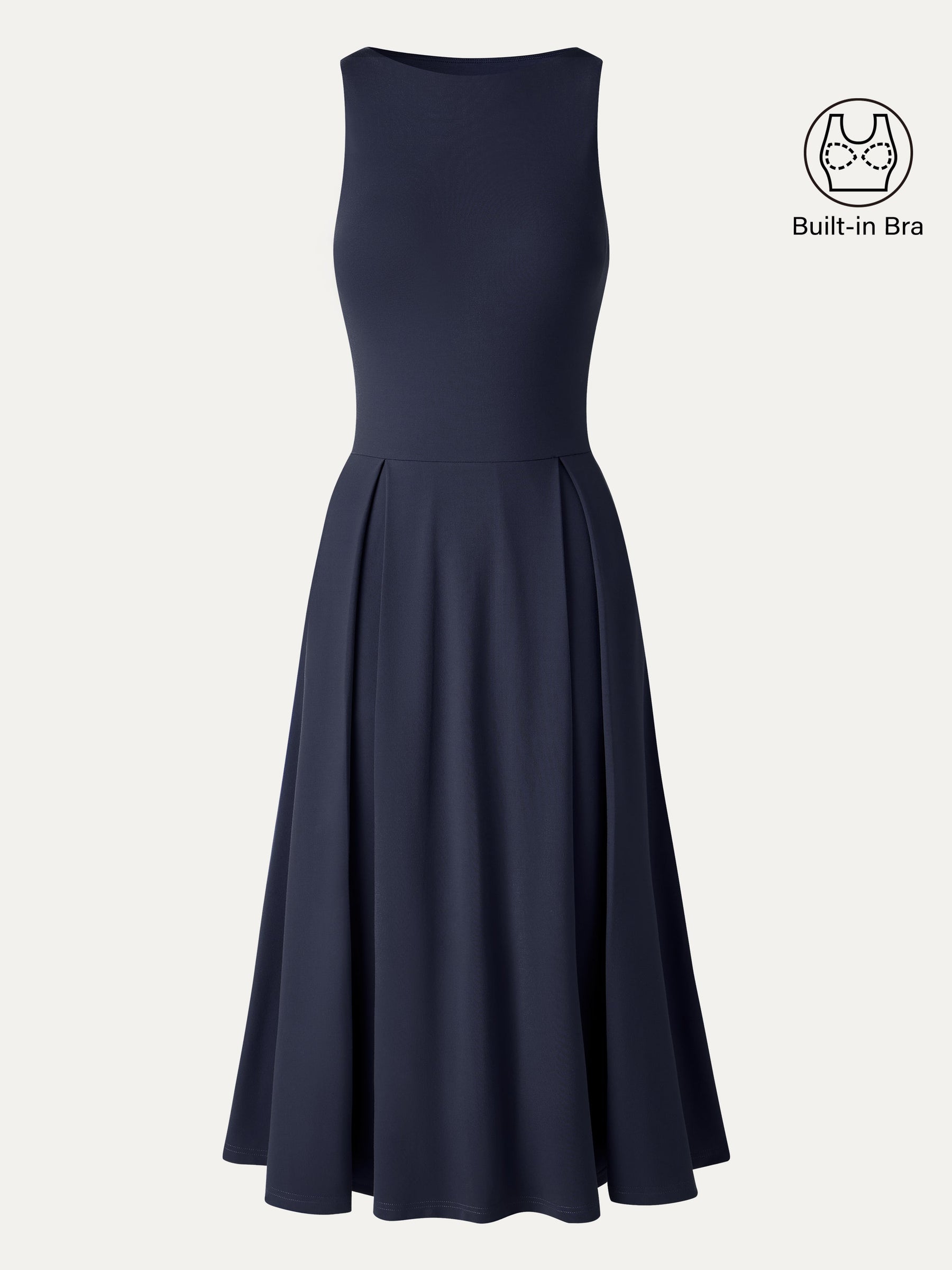 Boatneck Pleated Fit-and-Flare Midi Bra Dress with Pockets