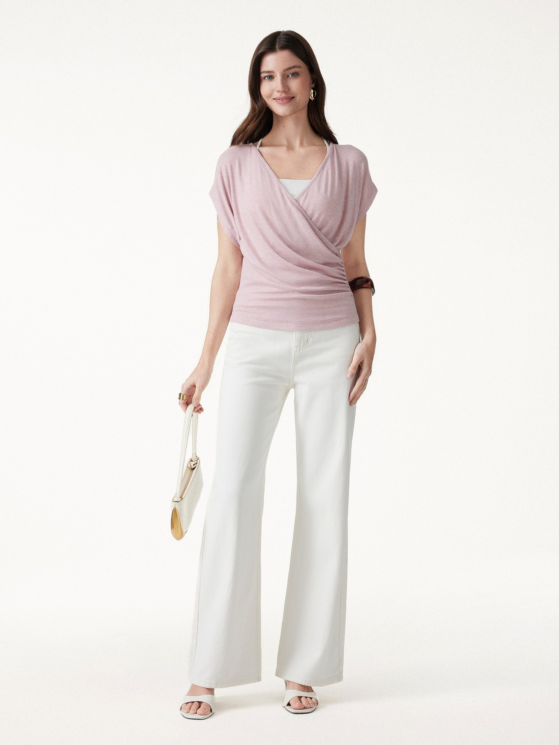 Summer Lyocell Wool Suprlice Ruched Short Sleeve Top
