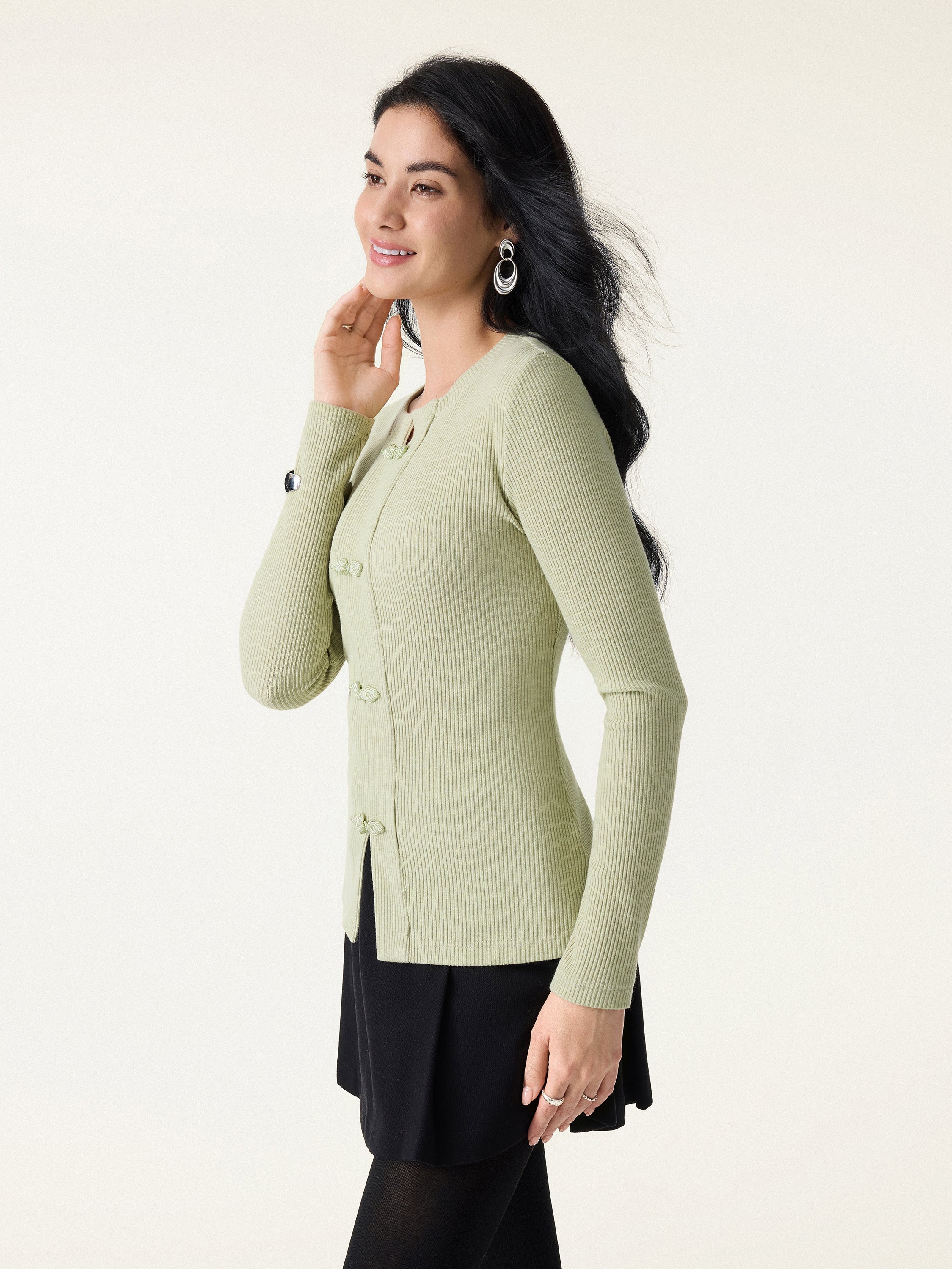 Ribbed Frog Button Round Neck Long Sleeve Top Limited Edition