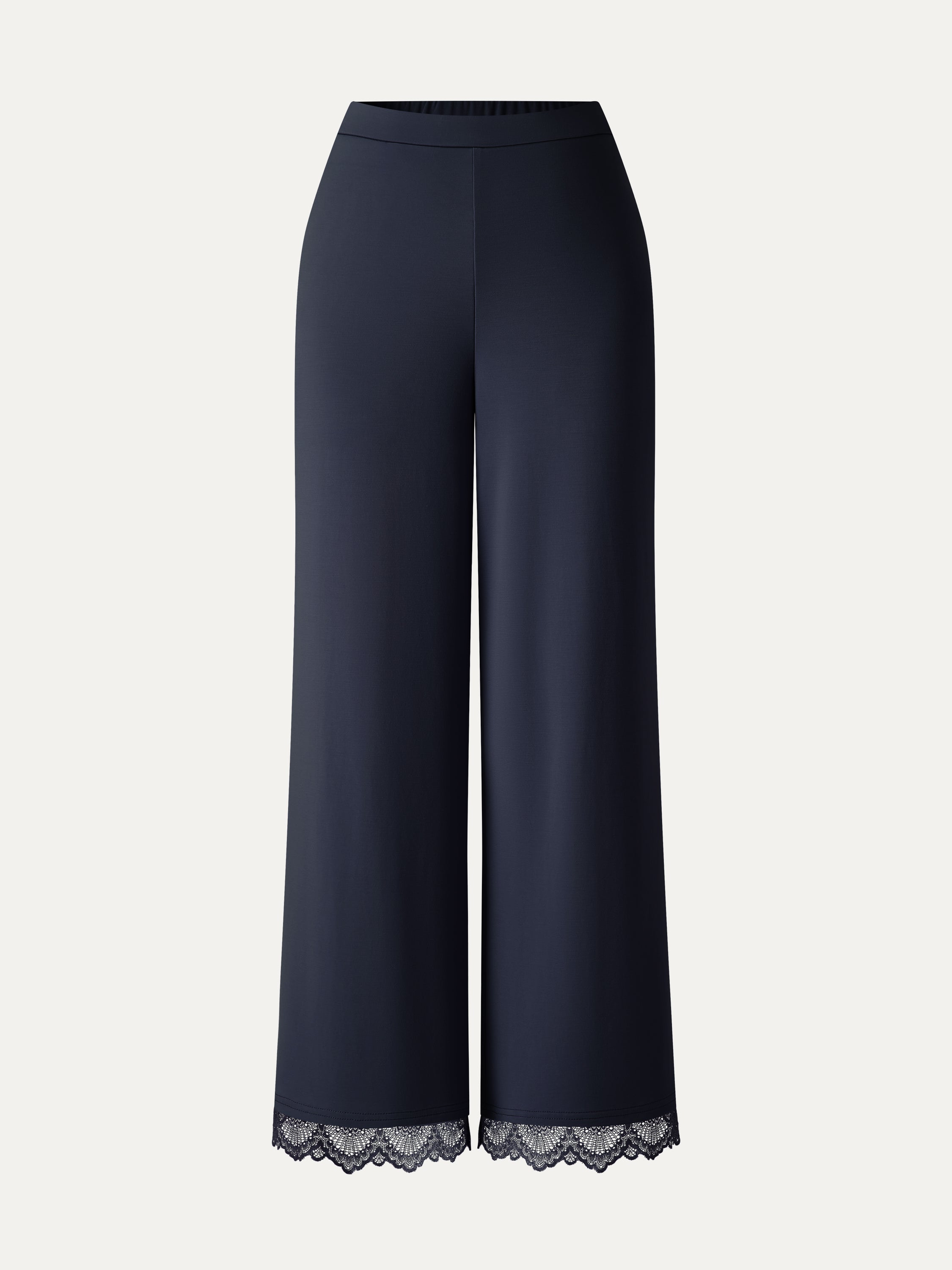 Lace Trim Draped Mid Rise Wide Leg Pants with Pockets