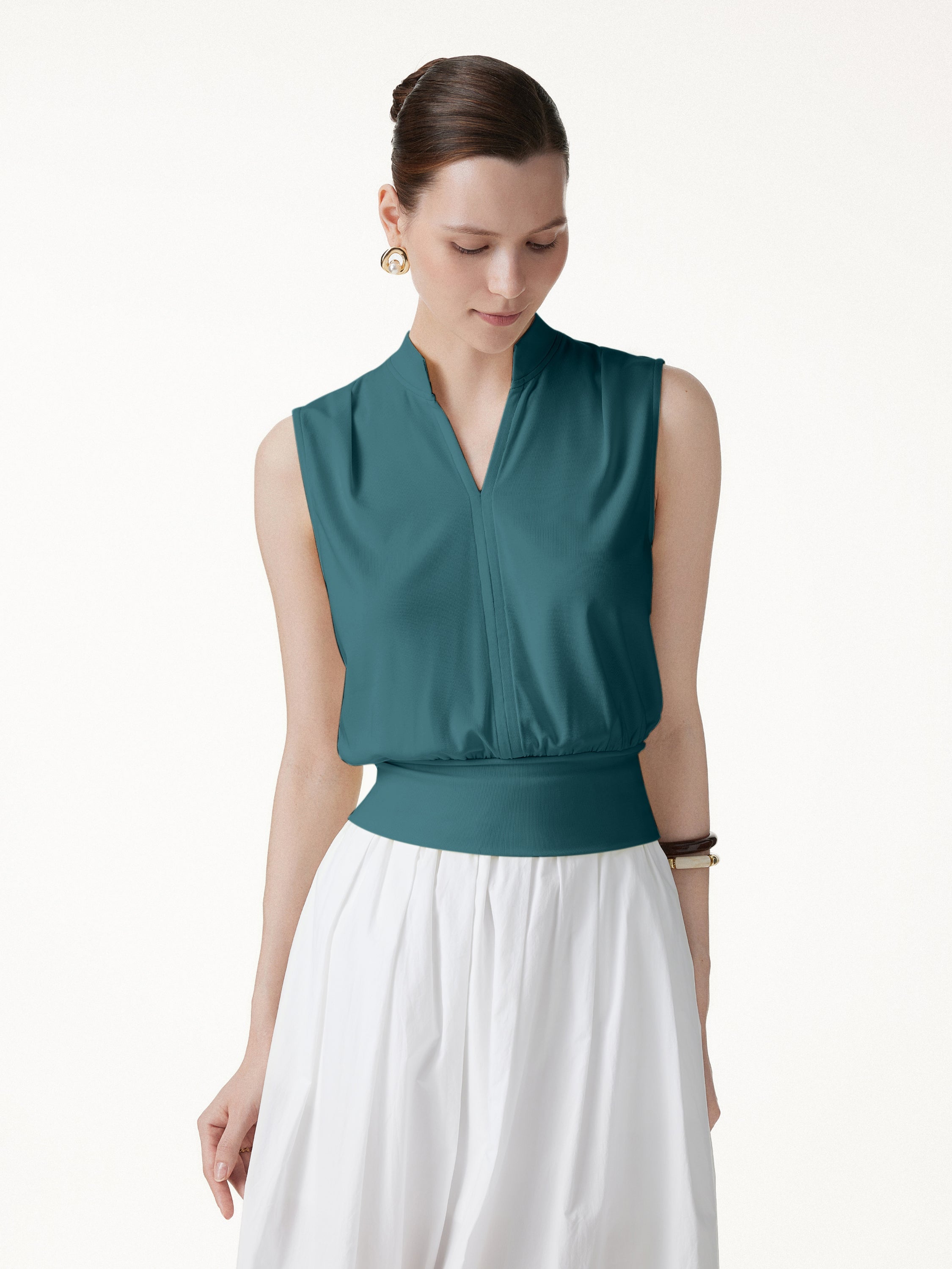 Cotton-Viscose V-neck Stand Collar Sleeveless Top