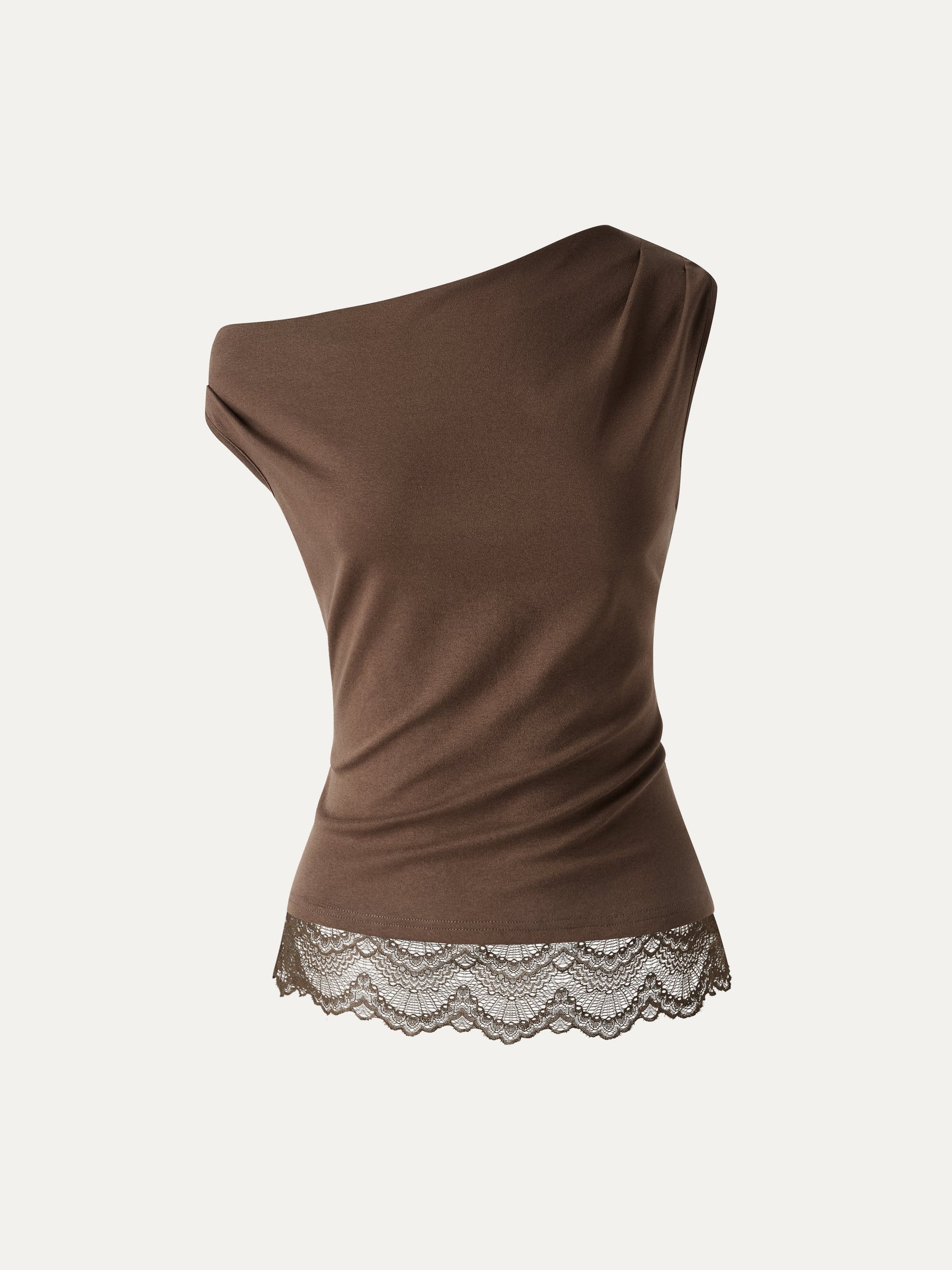 Lace Trim Cotton Lyocell Asymmetrical Shoulder Top