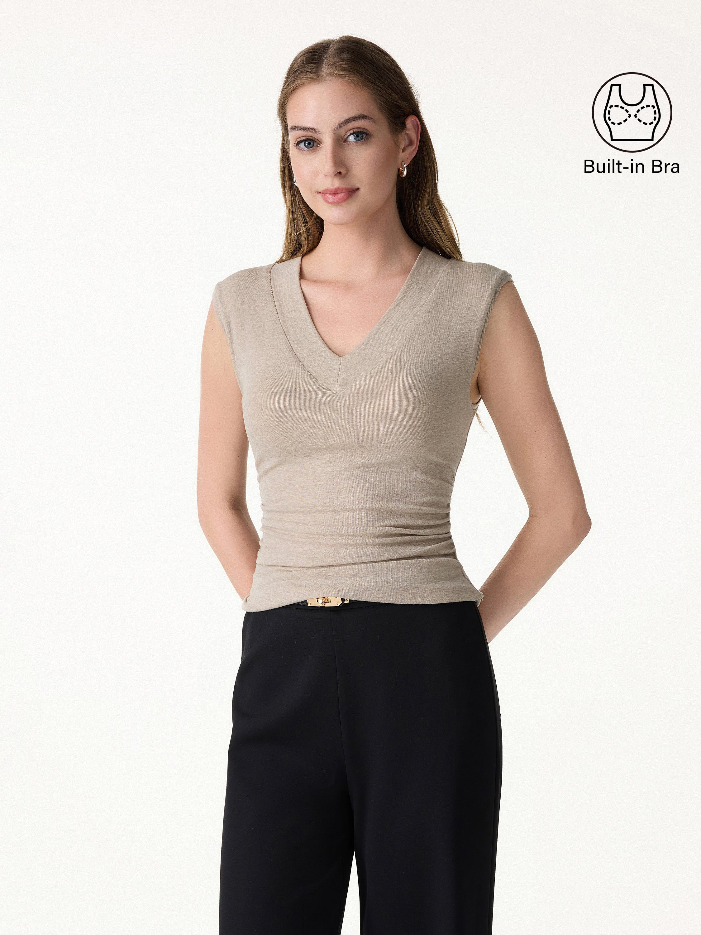 Sweat-Wicking V-Neck Wide Shoulder Ruched Bra Top