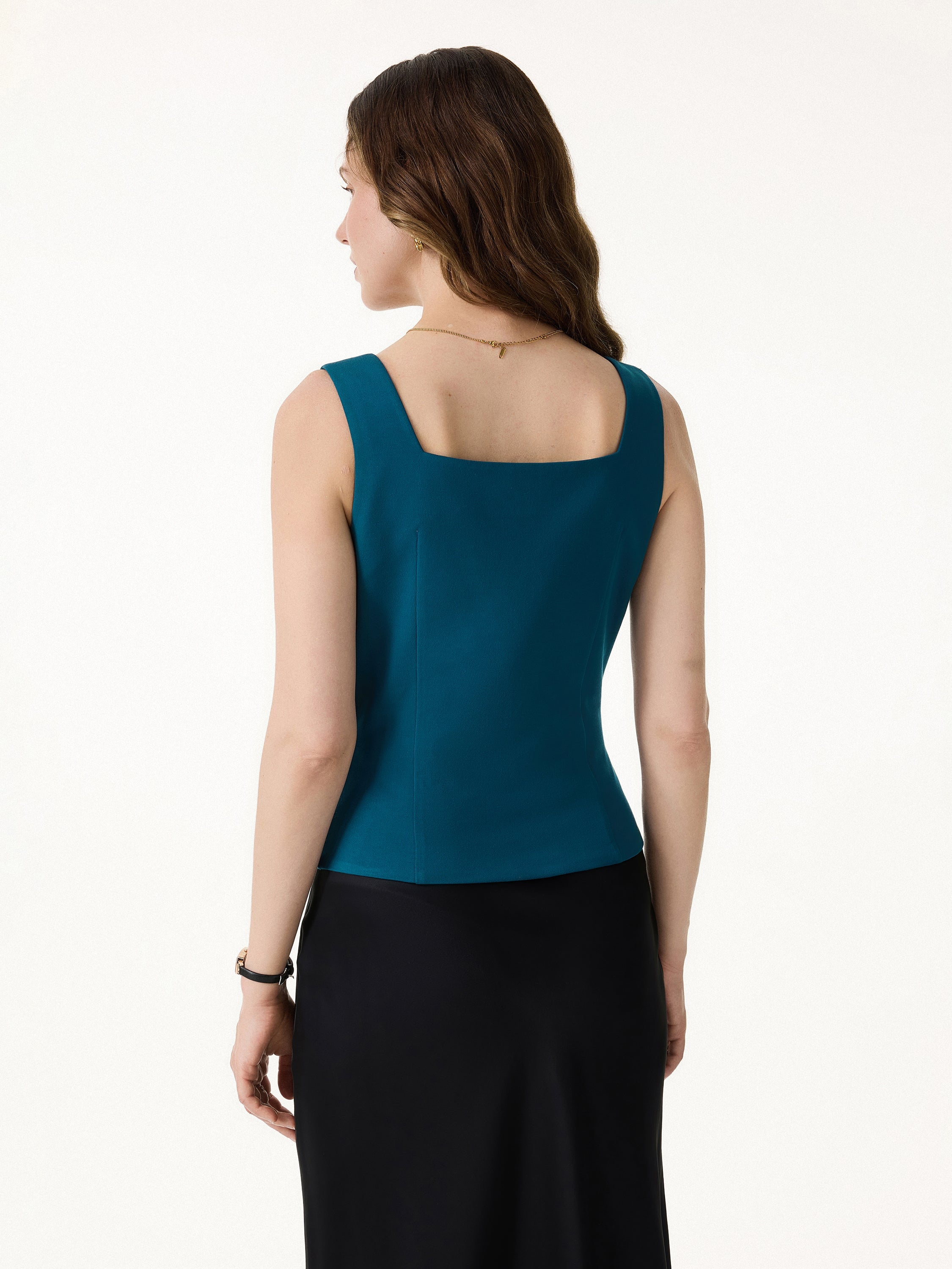 Stretch Ponte Square Neck Cropped Waistcoat with Pockets