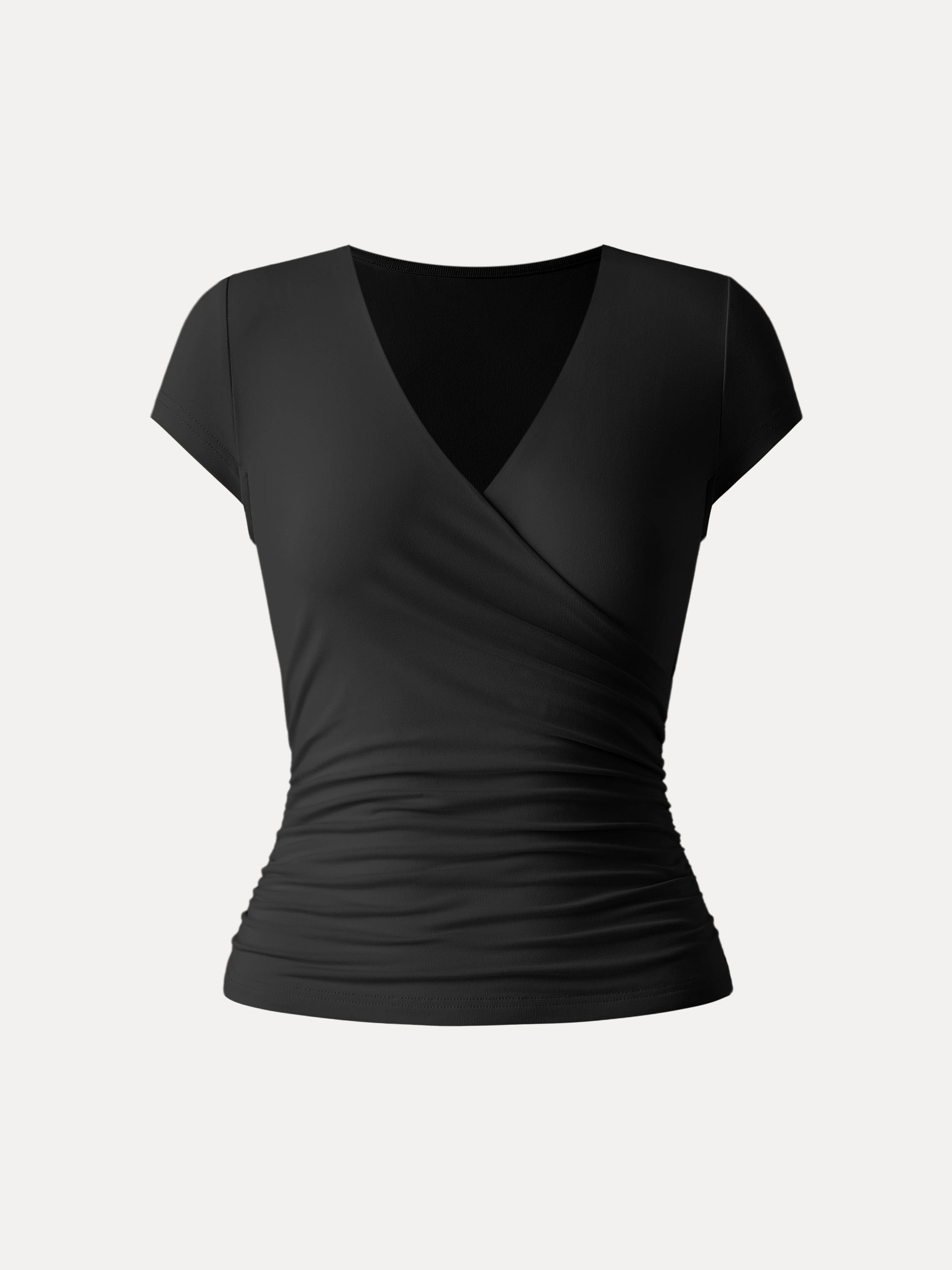 Surplice Cap Sleeve Side Ruched Fitted Tee