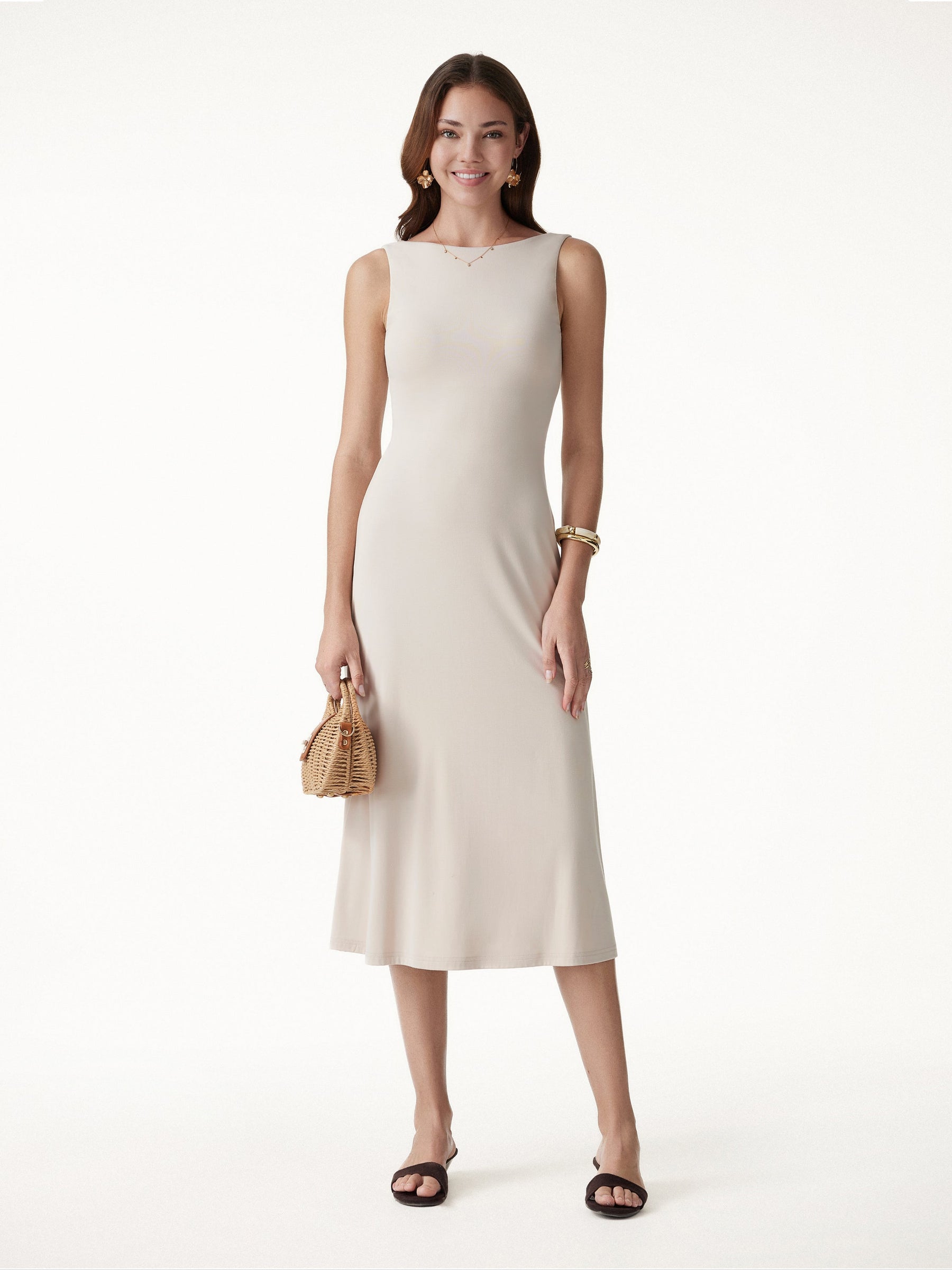 SkinKiss Boatneck Open-Back Flowy Midi Bra Dress