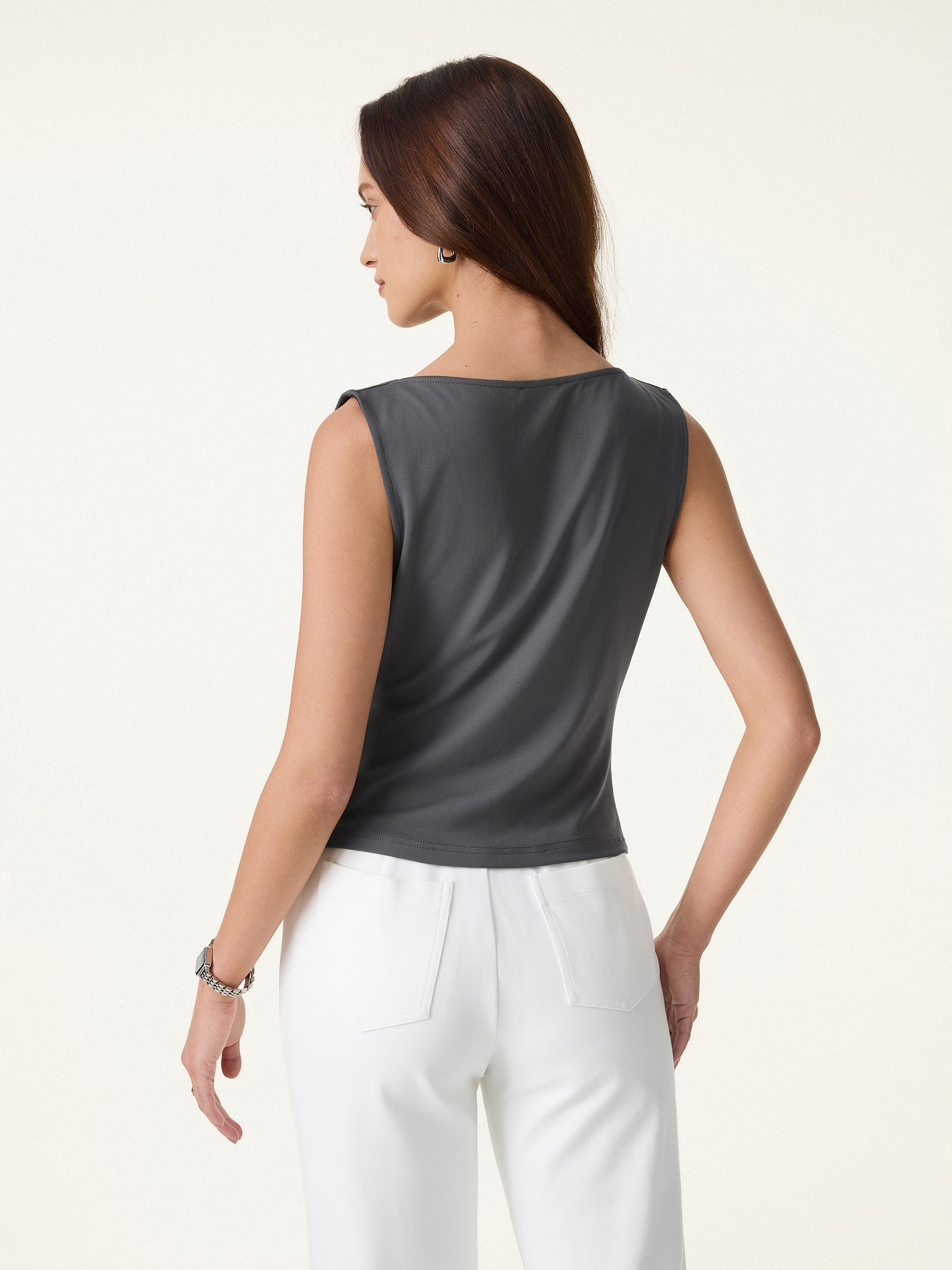 Cowl Neck Asymmetrical Tucked Sleeveless Top
