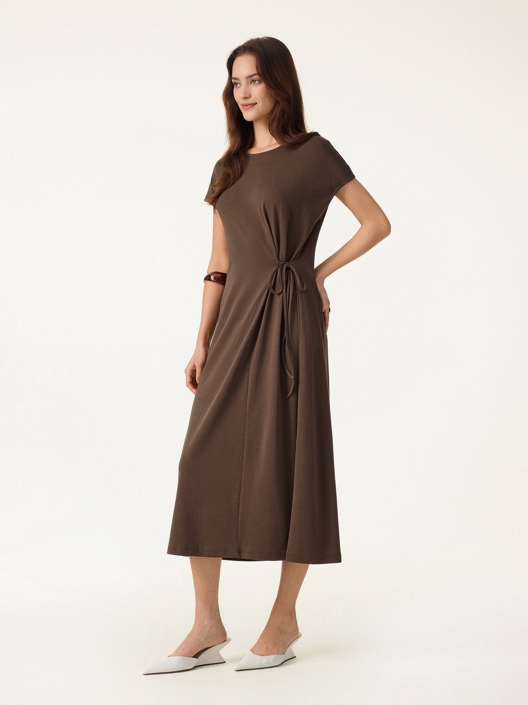 Cotton Lyocell Easy Airy Midi Dress with Self-Tie