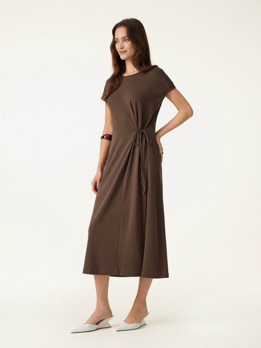 Cotton Lyocell Easy Airy Midi Dress with Self-Tie