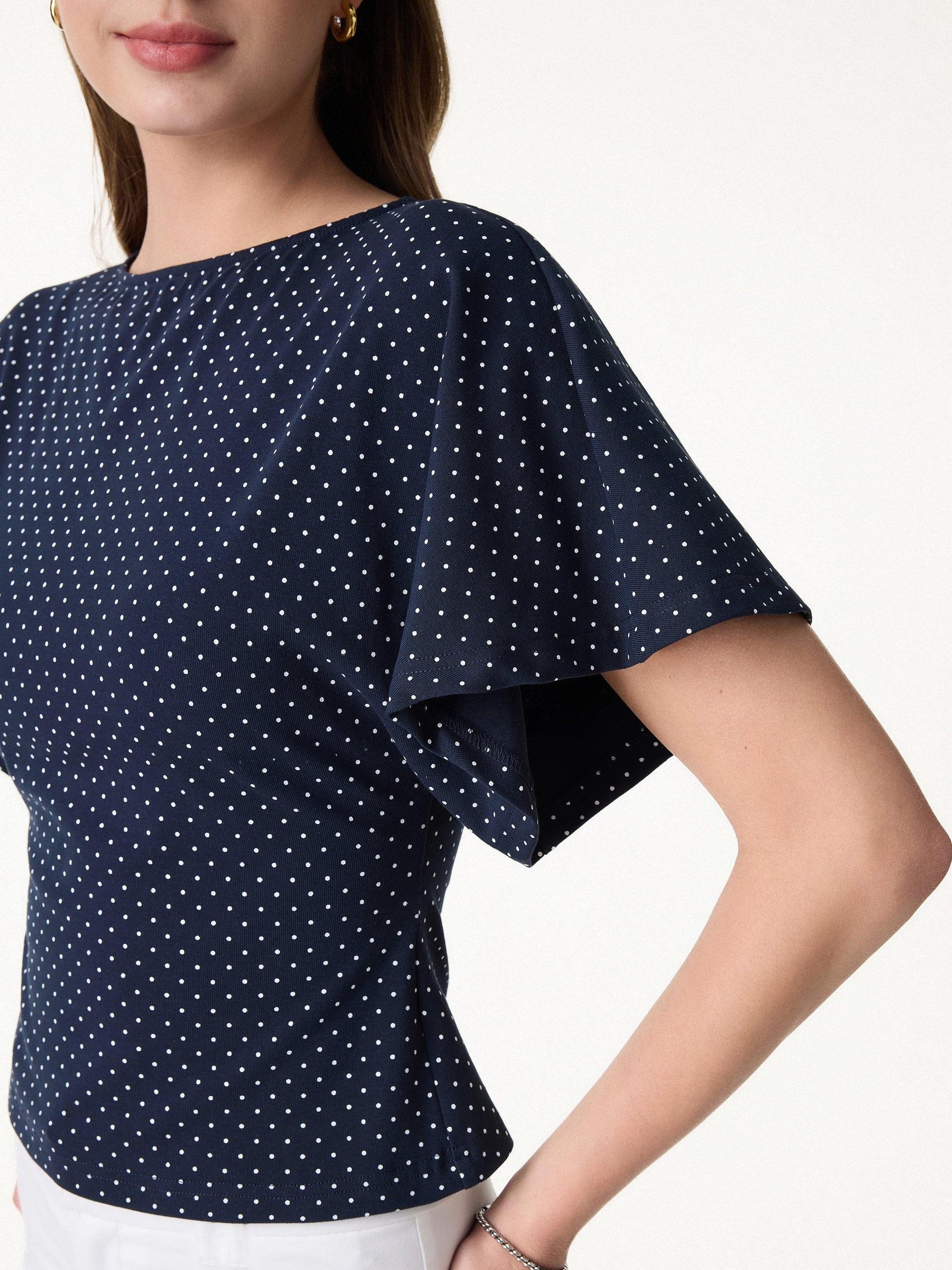 Soft Stretch Cotton Boatneck Flutter Sleeves Polka Dot Top Limited Edition
