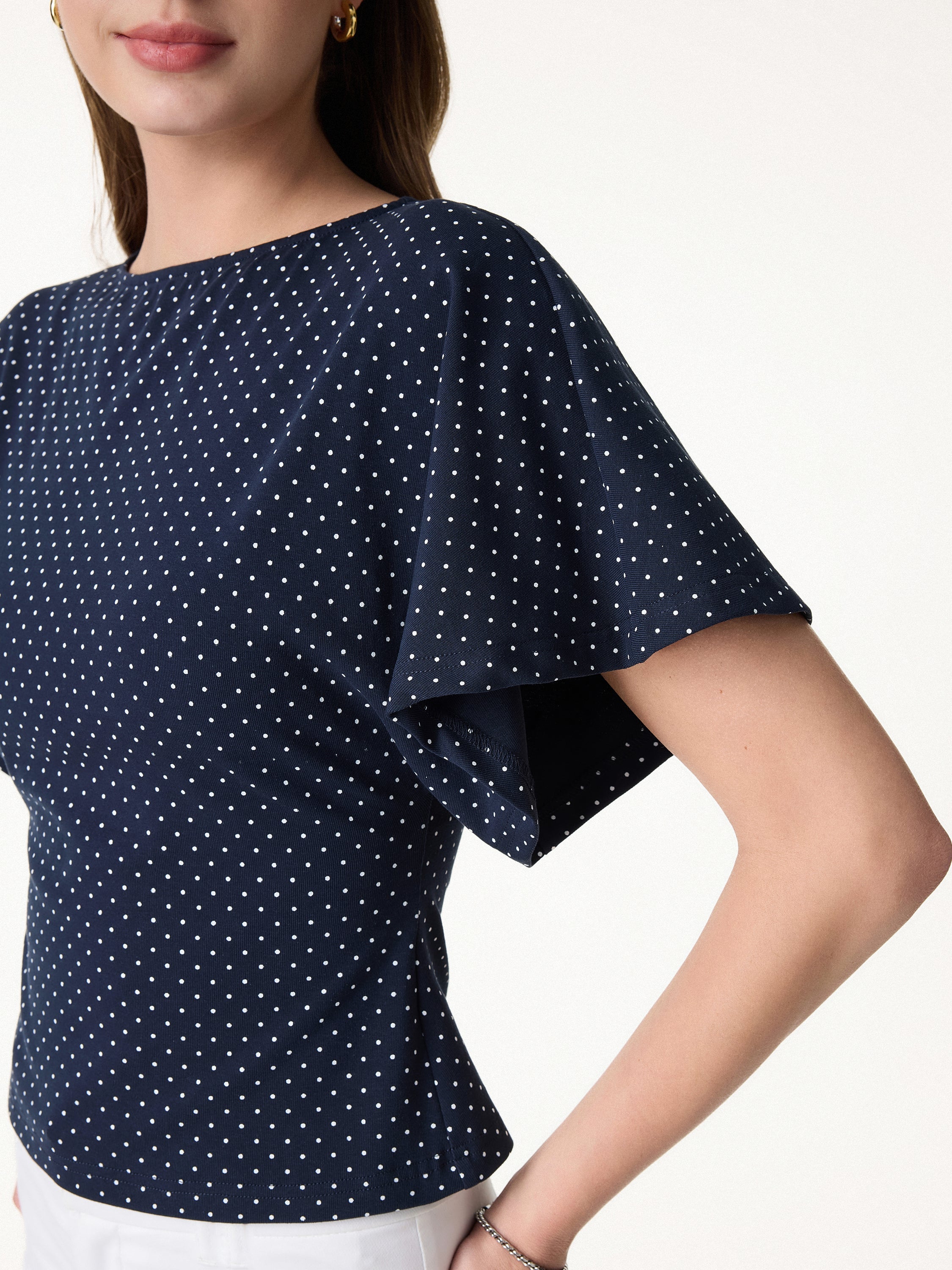 Soft Stretch Cotton Boatneck Flutter Sleeves Polka Dot Top Limited Edition