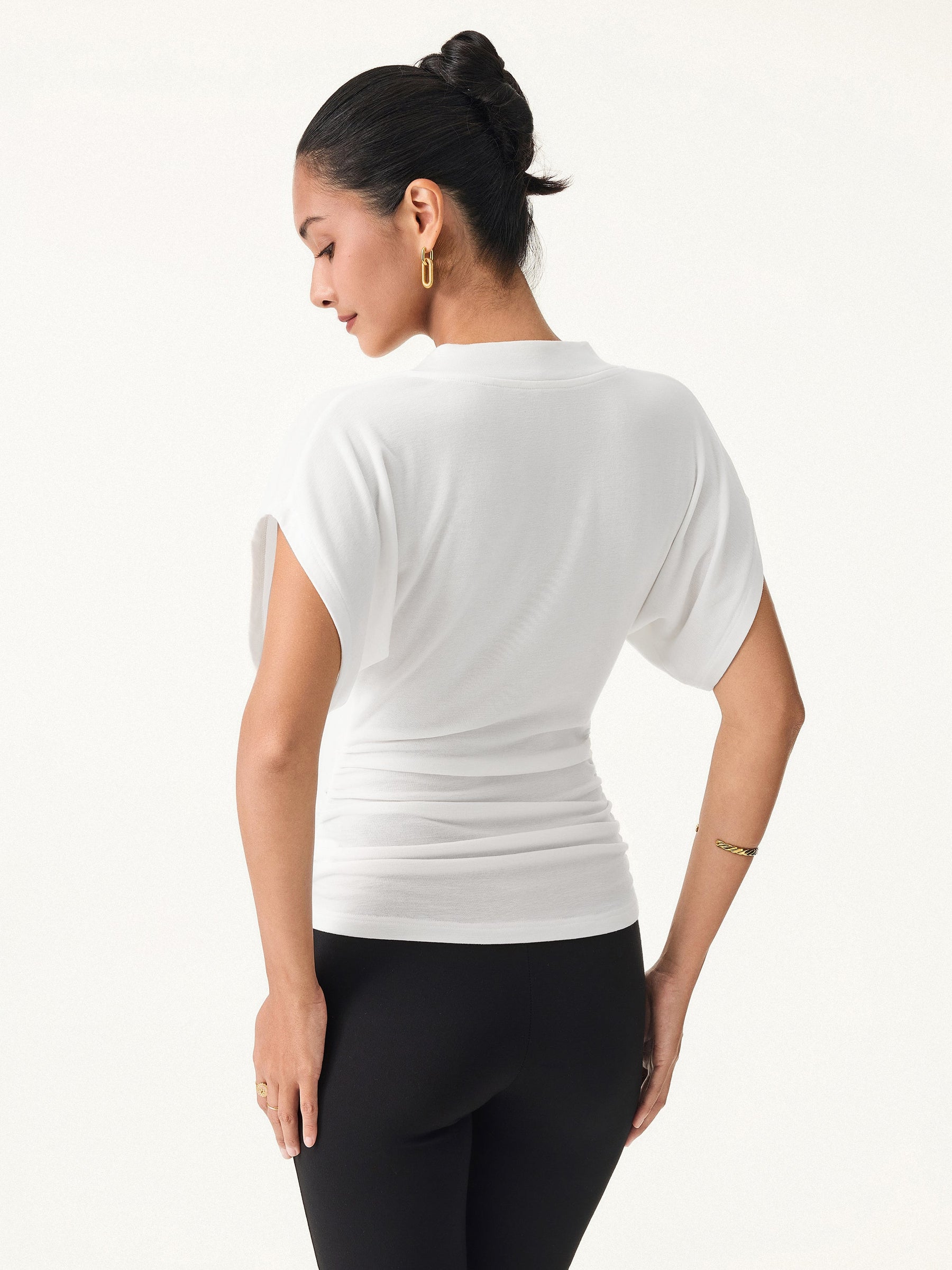 Semi-sheer Lyocell Cashmere Blend V-neck Short Sleeve Side Ruched Tee