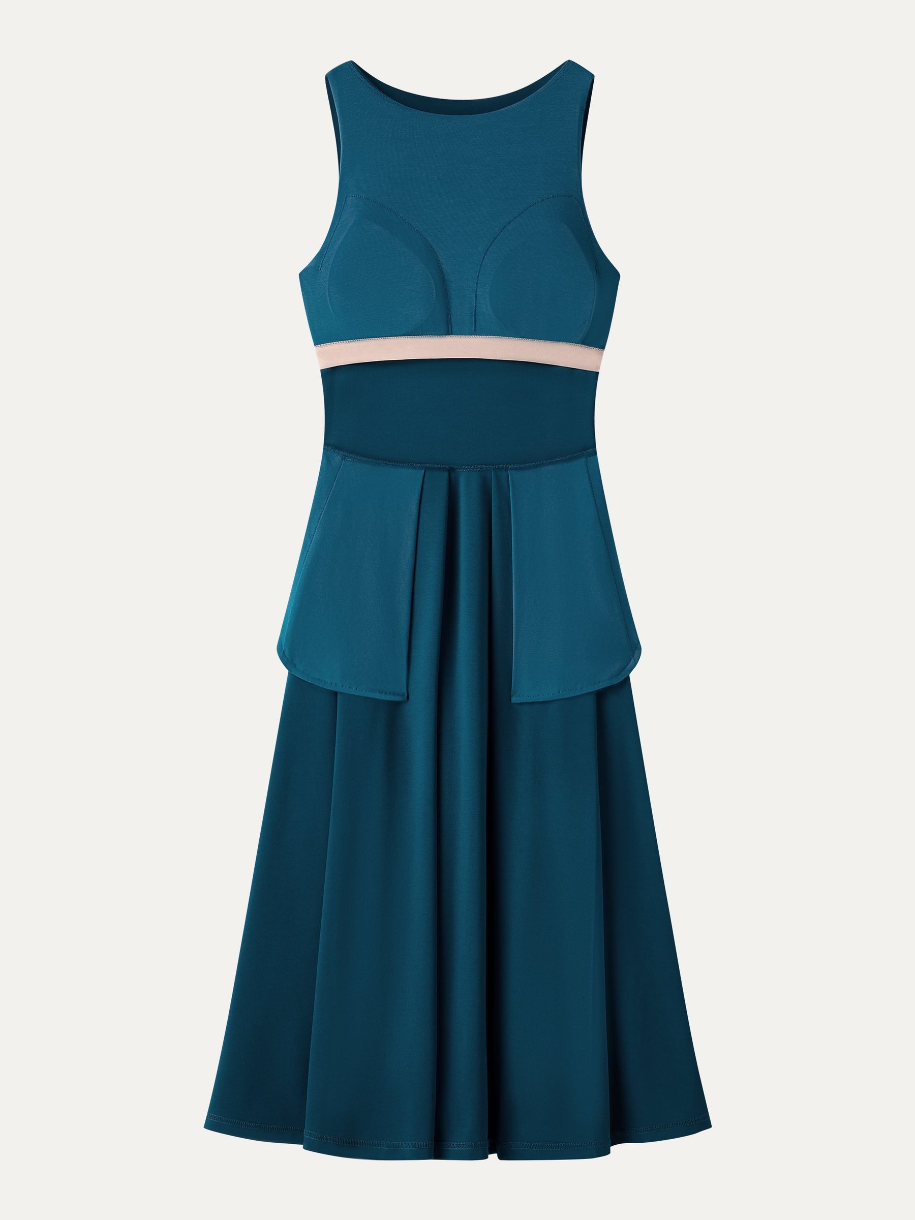 Boatneck Pleated Fit-and-Flare Midi Bra Dress with Pockets