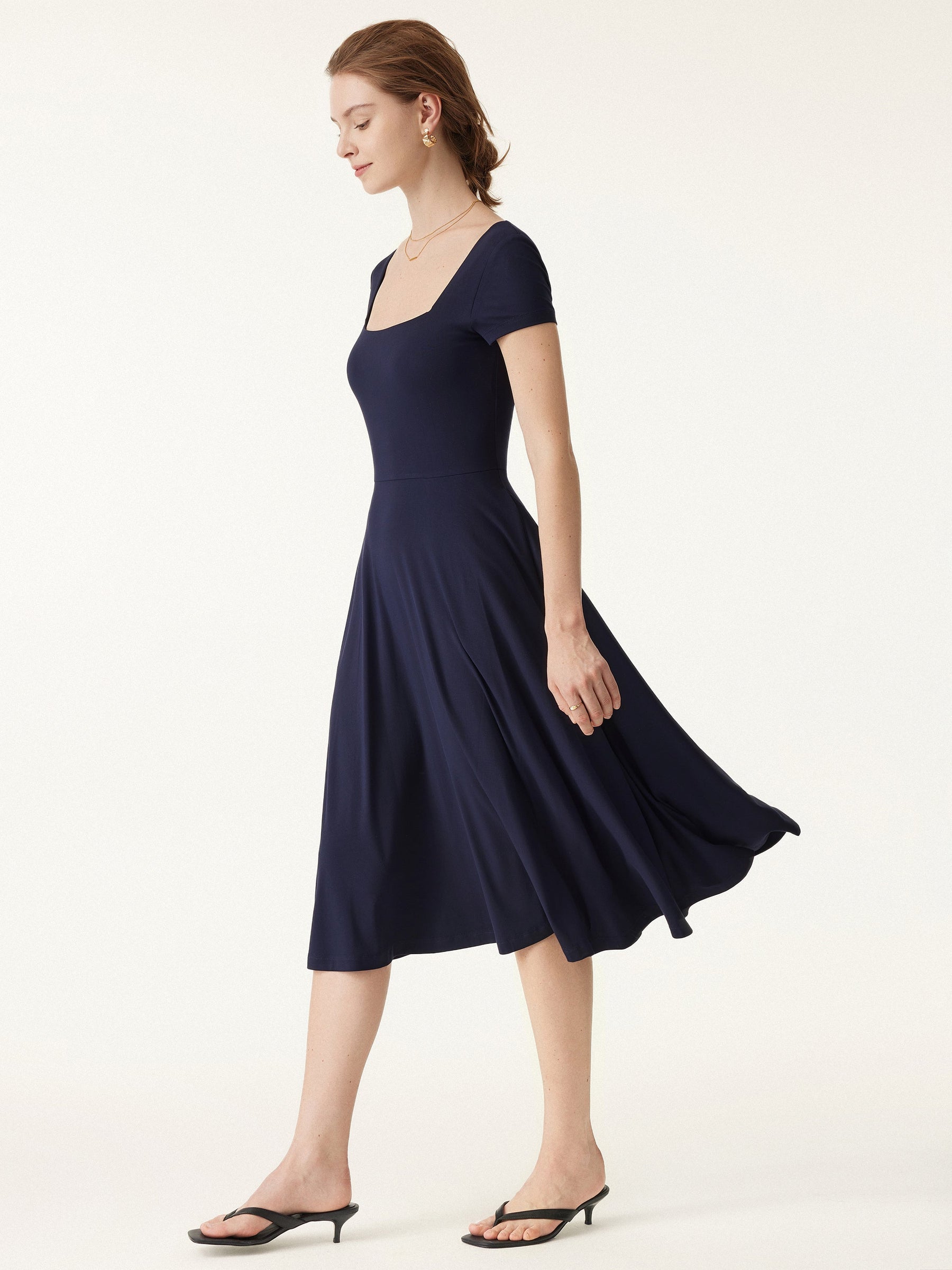 Flowy Square Neck Short Sleeve Midi Bra Dress