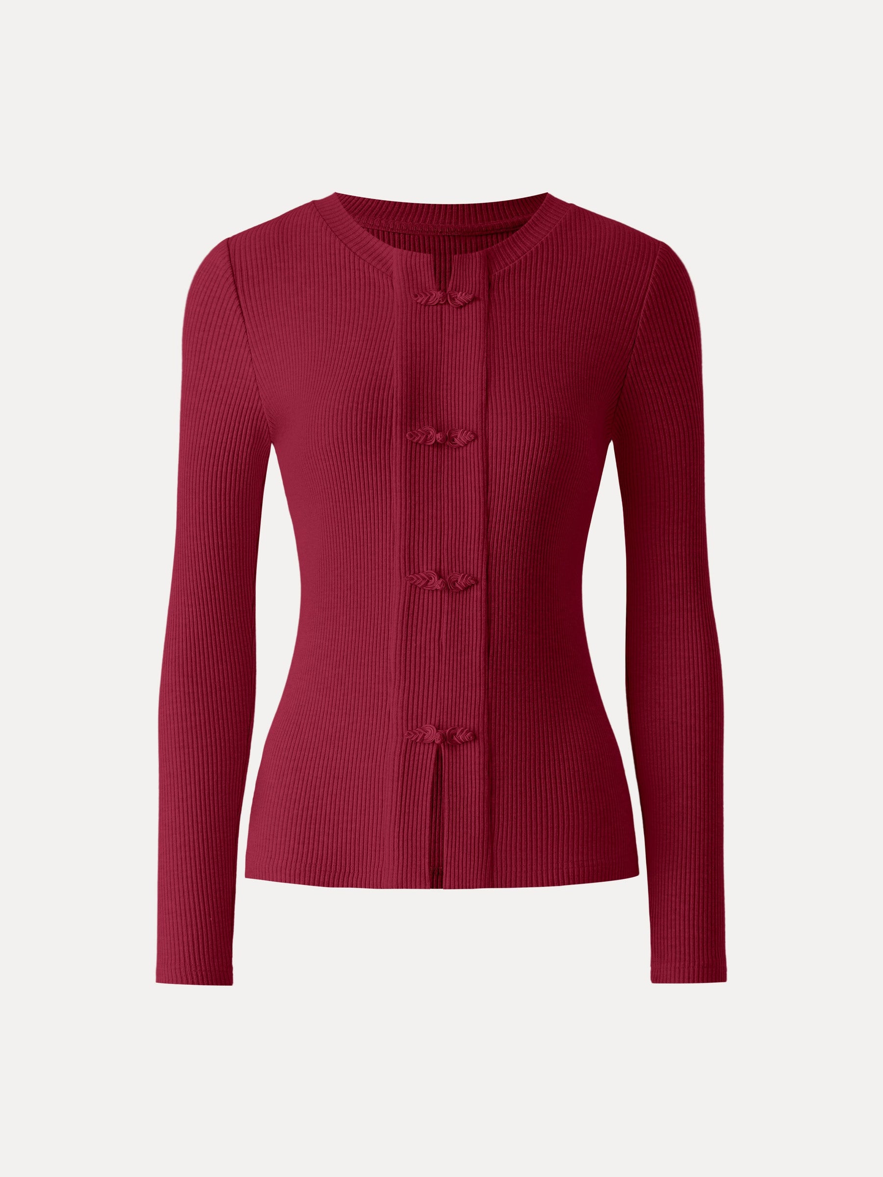 Ribbed Frog Button Round Neck Long Sleeve Top Limited Edition