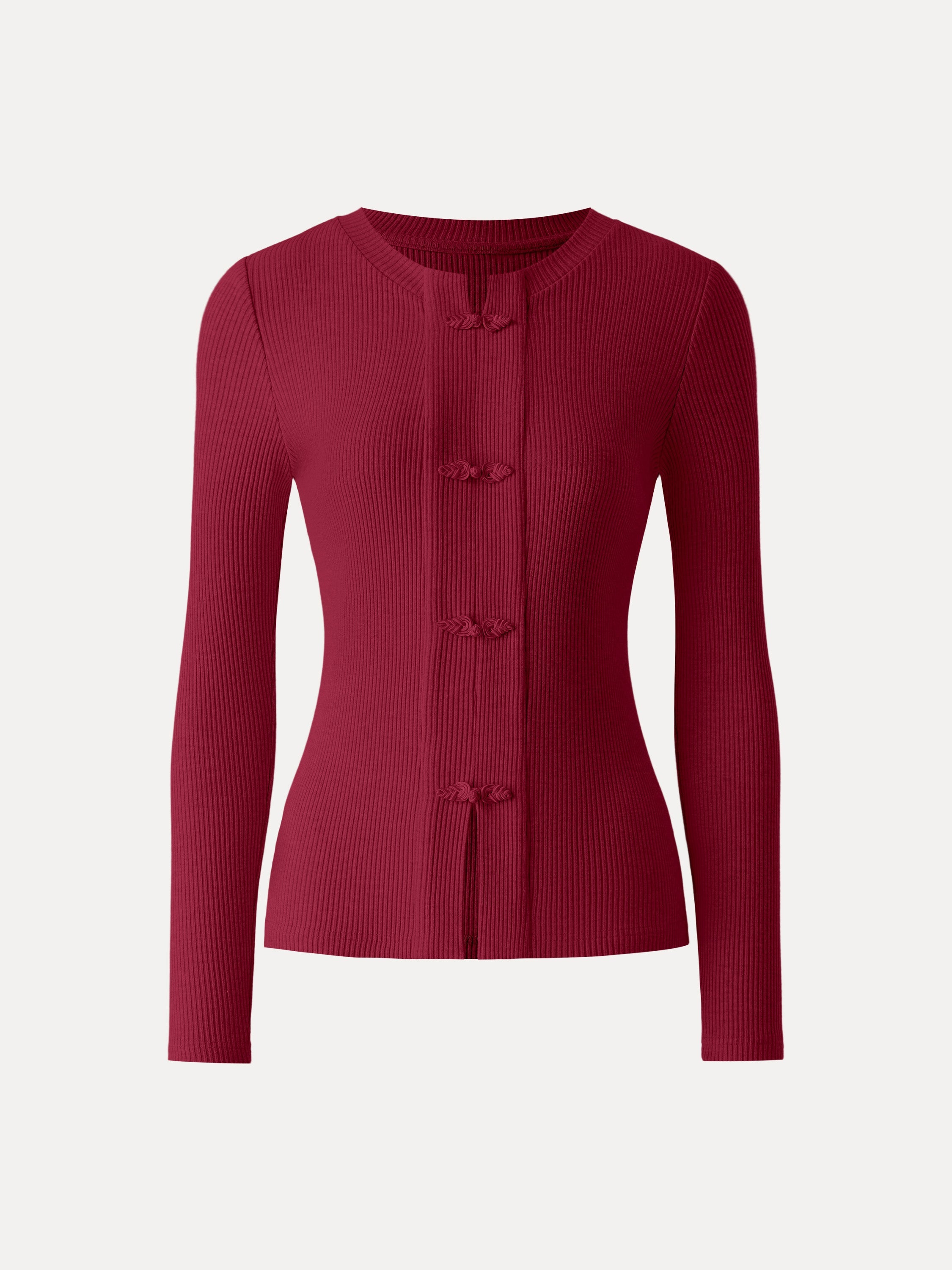 Ribbed Frog Button Round Neck Long Sleeve Top Limited Edition