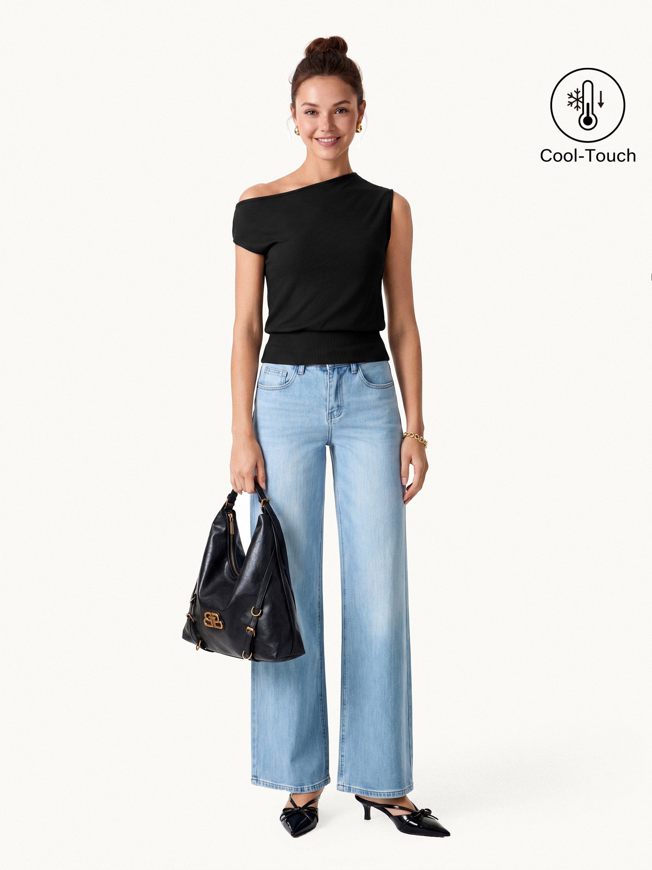 Asymmetrical Shoulder Banded Hem Top