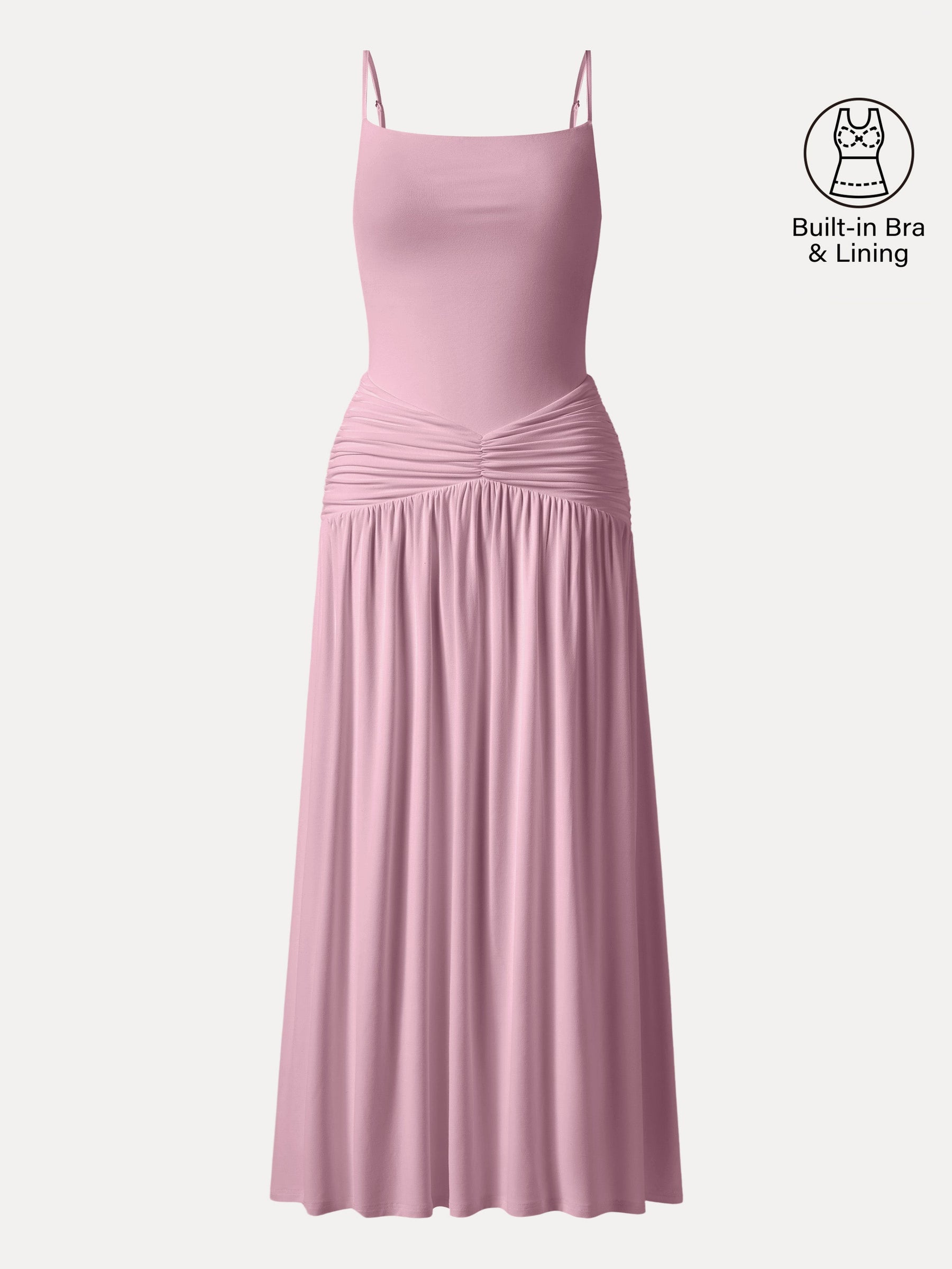 Not-See-Thru Spaghetti Gathered Maxi Bra Dress