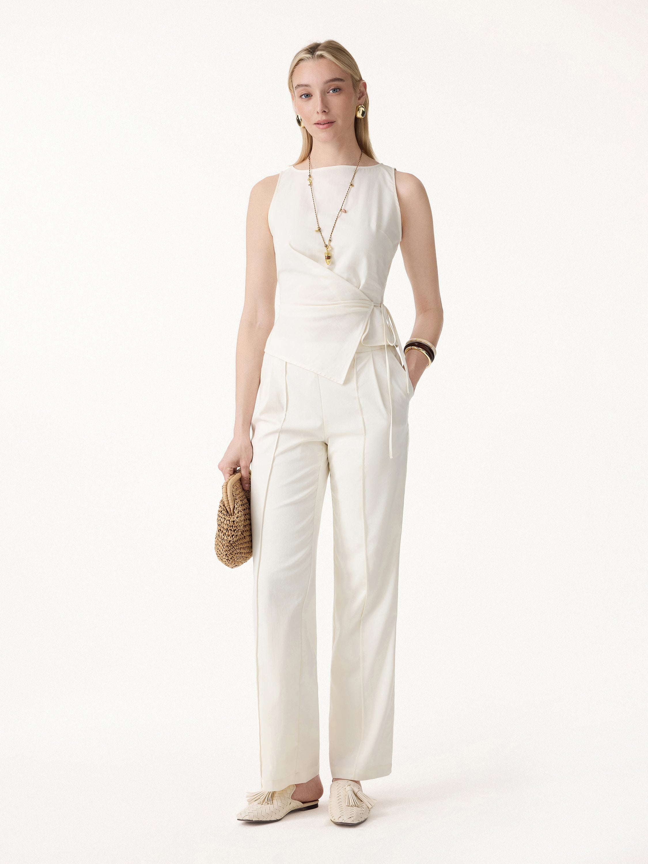 Lyocell-Linen Blend Boatneck Waist-Defined Top