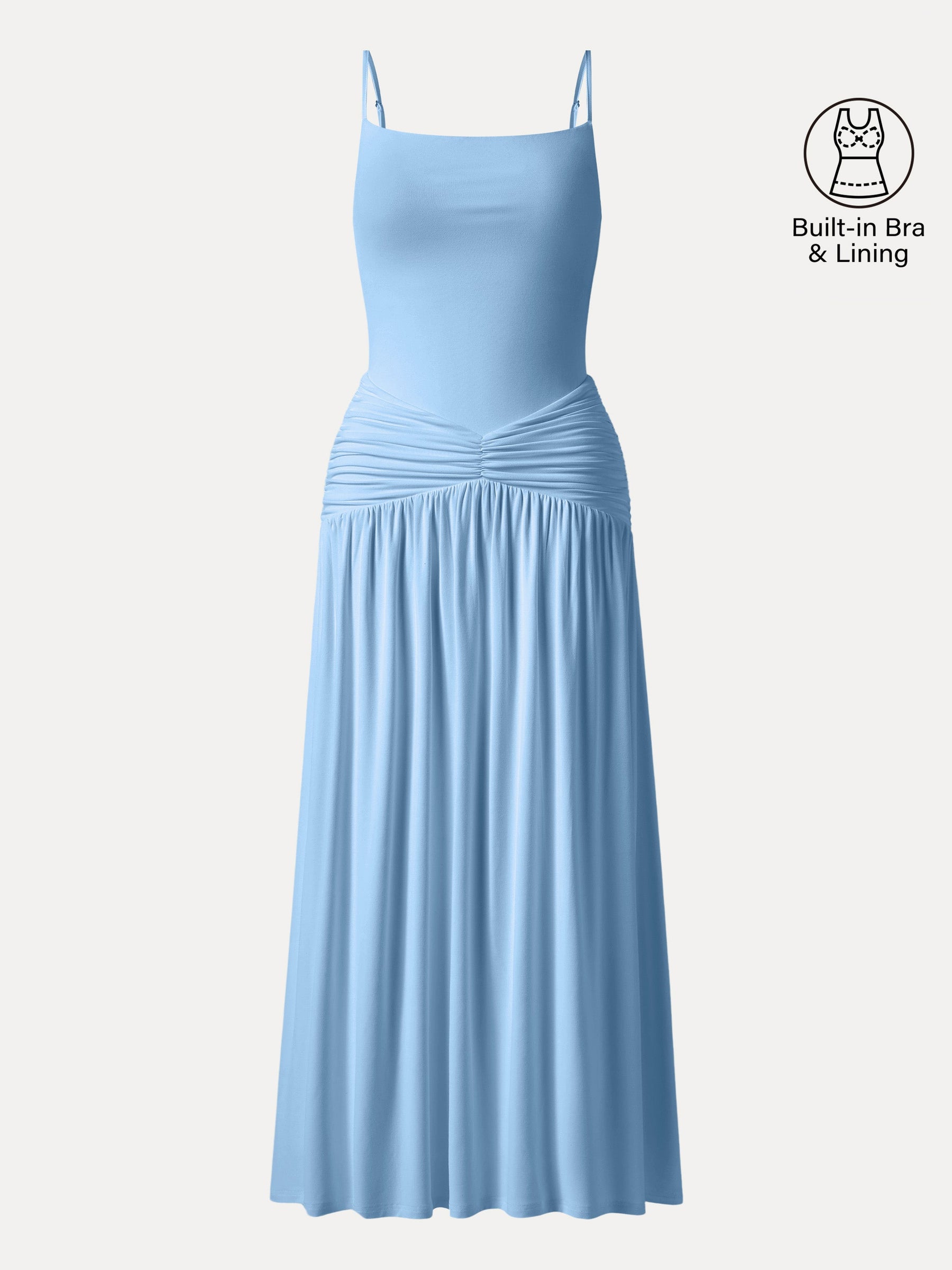 Not-See-Thru Spaghetti Gathered Maxi Bra Dress
