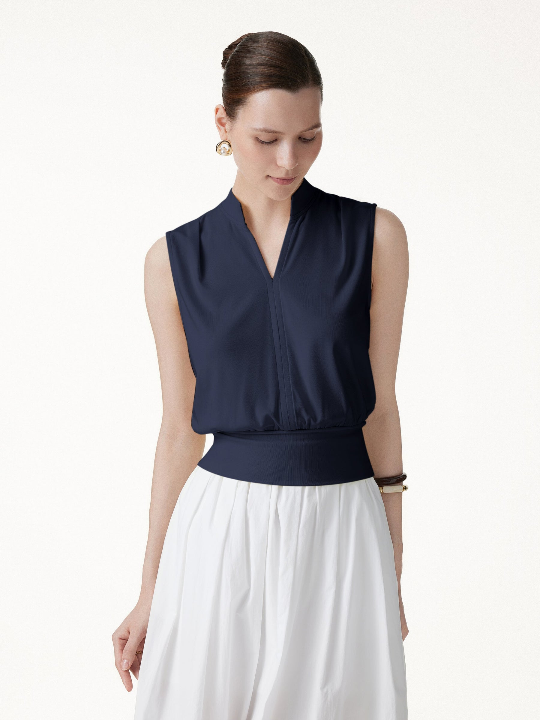 Cotton-Viscose V-neck Stand Collar Sleeveless Top